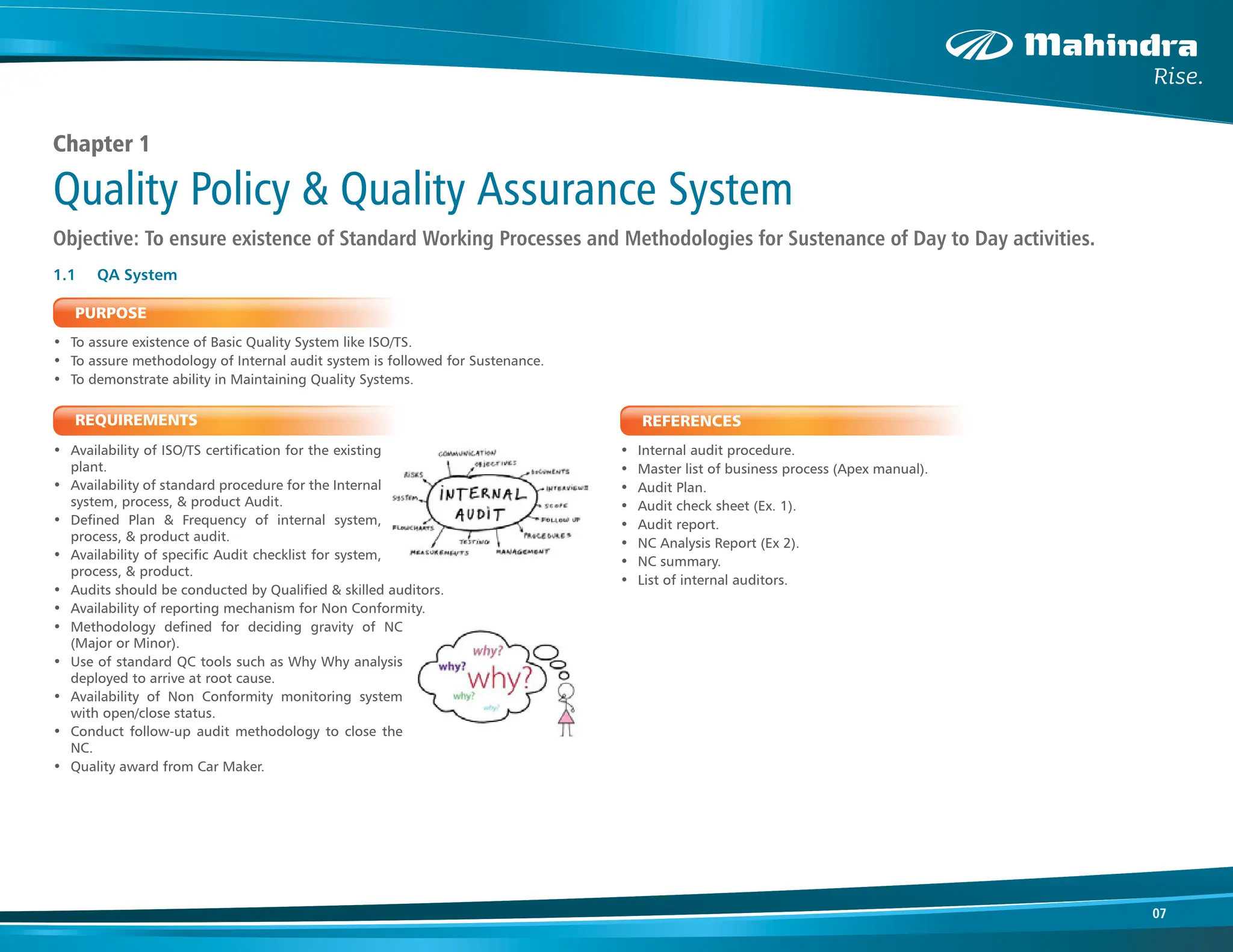 07
Chapter 1
Quality Policy & Quality Assurance System
PURPOSE
• To assure existence of Basic Quality System like ISO/TS.
• To assure methodology of Internal audit system is followed for Sustenance.
• To demonstrate ability in Maintaining Quality Systems.
REQUIREMENTS
• Availability of ISO/TS certification for the existing
plant.
• Availability of standard procedure for the Internal
system, process, & product Audit.
• Defined Plan & Frequency of internal system,
process, & product audit.
• Availability of specific Audit checklist for system,
process, & product.
• Audits should be conducted by Qualified & skilled auditors.
• Availability of reporting mechanism for Non Conformity.
• Methodology defined for deciding gravity of NC
(Major or Minor).
• Use of standard QC tools such as Why Why analysis
deployed to arrive at root cause.
• Availability of Non Conformity monitoring system
with open/close status.
• Conduct follow-up audit methodology to close the
NC.
• Quality award from Car Maker.
REFERENCES
• Internal audit procedure.
• Master list of business process (Apex manual).
• Audit Plan.
• Audit check sheet (Ex. 1).
• Audit report.
• NC Analysis Report (Ex 2).
• NC summary.
• List of internal auditors.
1.1 QA System
Objective: To ensure existence of Standard Working Processes and Methodologies for Sustenance of Day to Day activities.
 