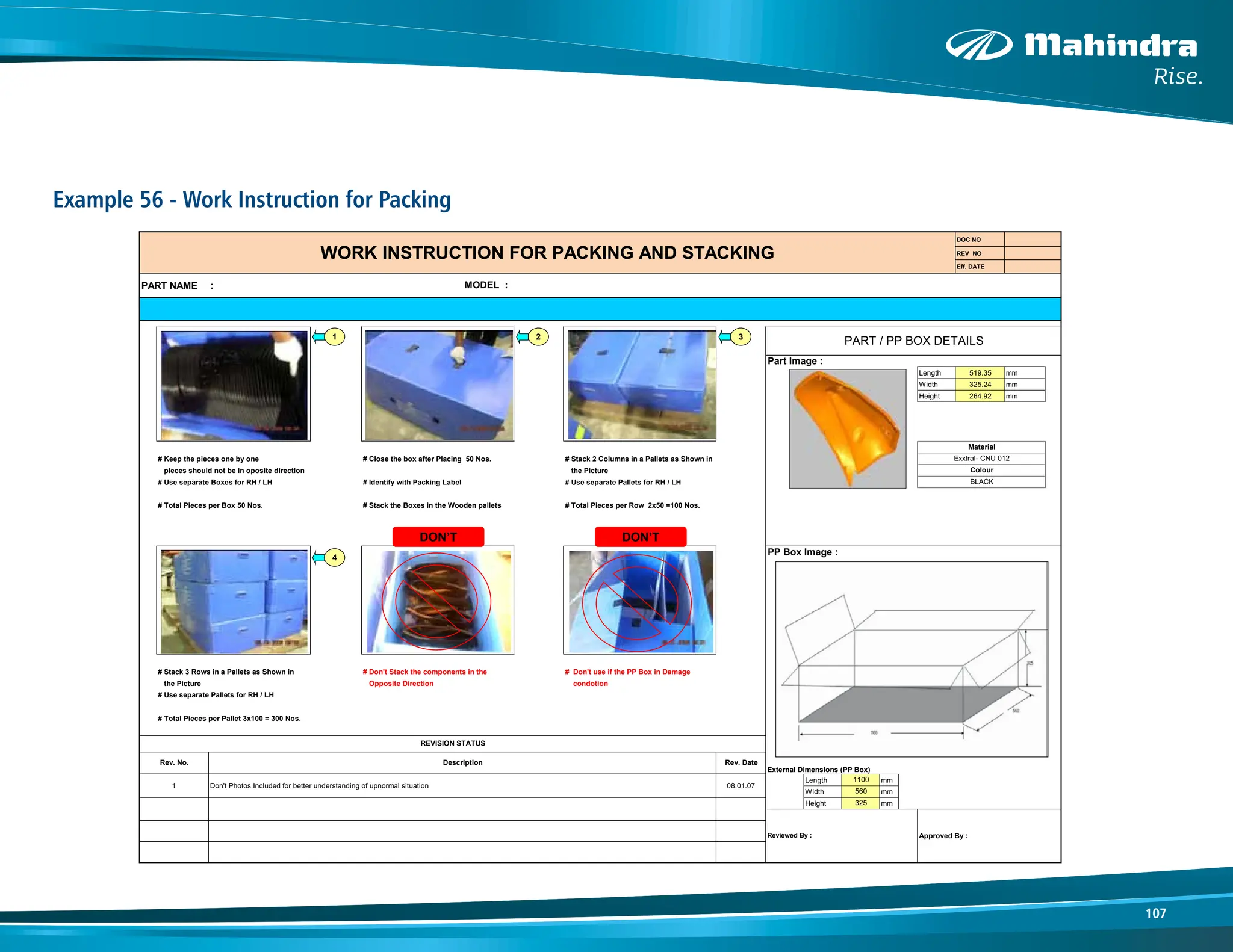 107
Example 56 - Work Instruction for Packing
DOC NO
REV NO
Eff. DATE
PART NAME :
Part Image :
Length 519.35 mm
Width 325.24 mm
Height 264.92 mm
# Keep the pieces one by one # Close the box after Placing 50 Nos. # Stack 2 Columns in a Pallets as Shown in
pieces should not be in oposite direction the Picture
# Use separate Boxes for RH / LH # Identify with Packing Label # Use separate Pallets for RH / LH
# Total Pieces per Box 50 Nos. # Stack the Boxes in the Wooden pallets # Total Pieces per Row 2x50 =100 Nos.
PP Box Image :
# Stack 3 Rows in a Pallets as Shown in # Don't Stack the components in the # Don't use if the PP Box in Damage
the Picture Opposite Direction condotion
# Use separate Pallets for RH / LH
# Total Pieces per Pallet 3x100 = 300 Nos.
External Dimensions (PP Box)
Length mm
Width mm
Height mm
Rev. No.
1
1100
560
Reviewed By : Approved By :
MODEL :
325
PART / PP BOX DETAILS
Material
Colour
Rev. Date
08.01.07
Exxtral- CNU 012
BLACK
WORK INSTRUCTION FOR PACKING AND STACKING
REVISION STATUS
Description
Don't Photos Included for better understanding of upnormal situation
1 2
4
3
DON’T DON’T
 