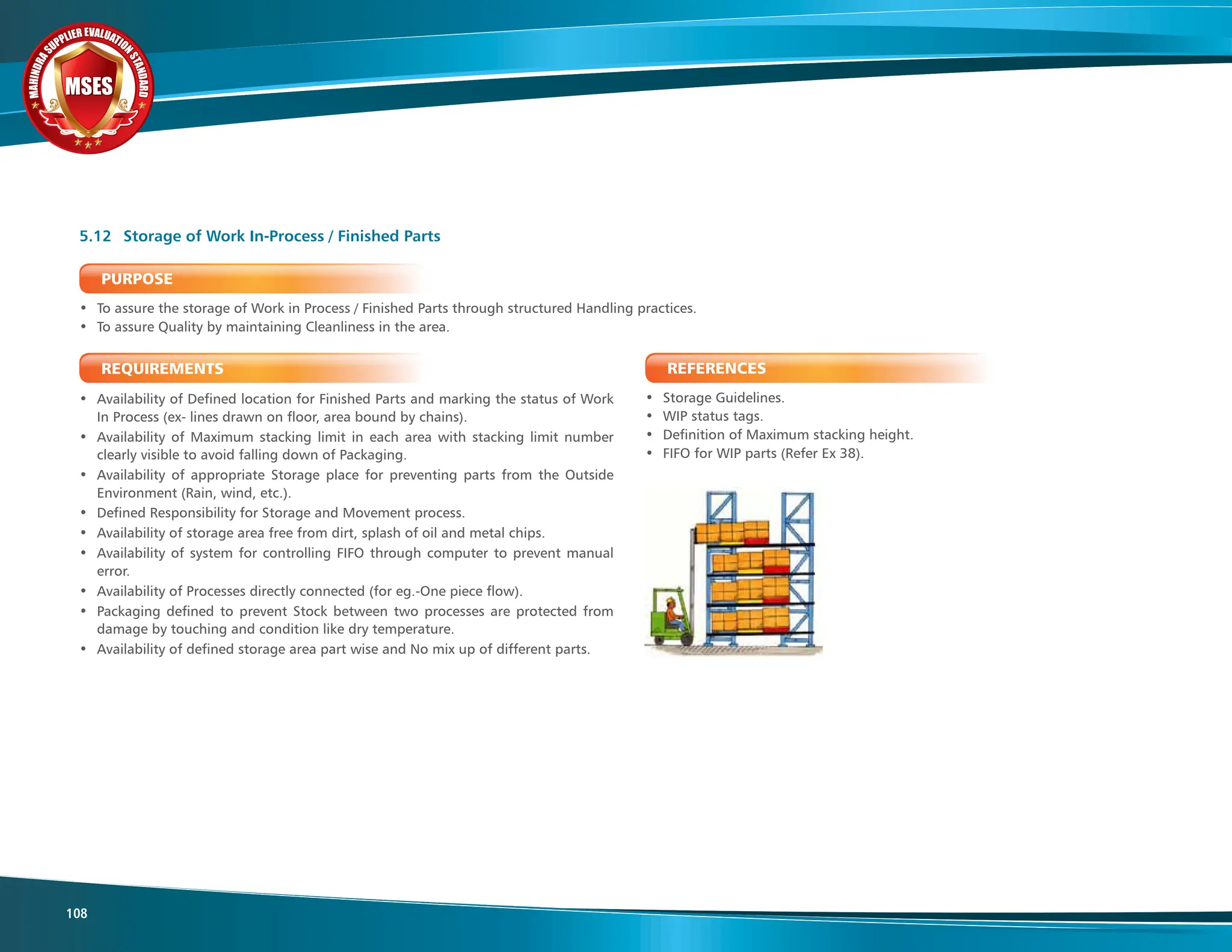 M
A
H
I
N
D
R
A
SUPPLIER EVALUATIO
N
S
T
A
N
D
A
R
D
MSES
MSES
MSES
108
PURPOSE
• To assure the storage of Work in Process / Finished Parts through structured Handling practices.
• To assure Quality by maintaining Cleanliness in the area.
REQUIREMENTS
• Availability of Defined location for Finished Parts and marking the status of Work
In Process (ex- lines drawn on floor, area bound by chains).
• Availability of Maximum stacking limit in each area with stacking limit number
clearly visible to avoid falling down of Packaging.
• Availability of appropriate Storage place for preventing parts from the Outside
Environment (Rain, wind, etc.).
• Defined Responsibility for Storage and Movement process.
• Availability of storage area free from dirt, splash of oil and metal chips.
• Availability of system for controlling FIFO through computer to prevent manual
error.
• Availability of Processes directly connected (for eg.-One piece flow).
• Packaging defined to prevent Stock between two processes are protected from
damage by touching and condition like dry temperature.
• Availability of defined storage area part wise and No mix up of different parts.
5.12 Storage of Work In-Process / Finished Parts
REFERENCES
• Storage Guidelines.
• WIP status tags.
• Definition of Maximum stacking height.
• FIFO for WIP parts (Refer Ex 38).
 