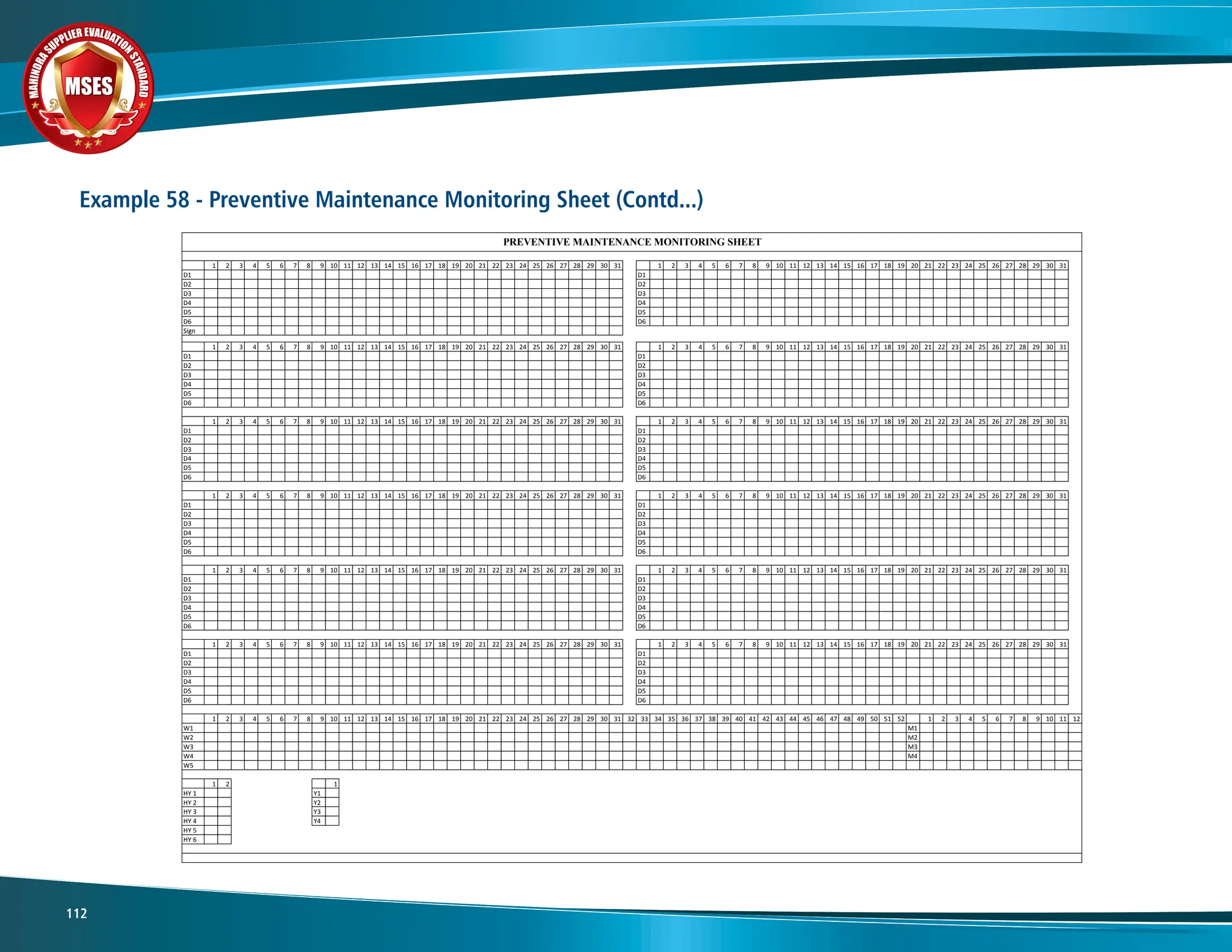 M
A
H
I
N
D
R
A
SUPPLIER EVALUATIO
N
S
T
A
N
D
A
R
D
MSES
MSES
MSES
112
Example 58 - Preventive Maintenance Monitoring Sheet (Contd...)
1 2 3 4 5 6 7 8 9 10 11 12 13 14 15 16 17 18 19 20 21 22 23 24 25 26 27 28 29 30 31 1 2 3 4 5 6 7 8 9 10 11 12 13 14 15 16 17 18 19 20 21 22 23 24 25 26 27 28 29 30 31
D1 D1
D2 D2
D3 D3
D4 D4
D5 D5
D6 D6
Sign
1 2 3 4 5 6 7 8 9 10 11 12 13 14 15 16 17 18 19 20 21 22 23 24 25 26 27 28 29 30 31 1 2 3 4 5 6 7 8 9 10 11 12 13 14 15 16 17 18 19 20 21 22 23 24 25 26 27 28 29 30 31
D1 D1
D2 D2
D3 D3
D4 D4
D5 D5
D6 D6
1 2 3 4 5 6 7 8 9 10 11 12 13 14 15 16 17 18 19 20 21 22 23 24 25 26 27 28 29 30 31 1 2 3 4 5 6 7 8 9 10 11 12 13 14 15 16 17 18 19 20 21 22 23 24 25 26 27 28 29 30 31
D1 D1
D2 D2
D3 D3
D4 D4
D5 D5
D6 D6
1 2 3 4 5 6 7 8 9 10 11 12 13 14 15 16 17 18 19 20 21 22 23 24 25 26 27 28 29 30 31 1 2 3 4 5 6 7 8 9 10 11 12 13 14 15 16 17 18 19 20 21 22 23 24 25 26 27 28 29 30 31
D1 D1
D2 D2
D3 D3
D4 D4
D5 D5
D6 D6
1 2 3 4 5 6 7 8 9 10 11 12 13 14 15 16 17 18 19 20 21 22 23 24 25 26 27 28 29 30 31 1 2 3 4 5 6 7 8 9 10 11 12 13 14 15 16 17 18 19 20 21 22 23 24 25 26 27 28 29 30 31
D1 D1
D2 D2
D3 D3
D4 D4
D5 D5
D6 D6
1 2 3 4 5 6 7 8 9 10 11 12 13 14 15 16 17 18 19 20 21 22 23 24 25 26 27 28 29 30 31 1 2 3 4 5 6 7 8 9 10 11 12 13 14 15 16 17 18 19 20 21 22 23 24 25 26 27 28 29 30 31
D1 D1
D2 D2
D3 D3
D4 D4
D5 D5
D6 D6
1 2 3 4 5 6 7 8 9 10 11 12 13 14 15 16 17 18 19 20 21 22 23 24 25 26 27 28 29 30 31 32 33 34 35 36 37 38 39 40 41 42 43 44 45 46 47 48 49 50 51 52 1 2 3 4 5 6 7 8 9 10 11 12
W1 M1
W2 M2
W3 M3
W4 M4
W5
1 2 1
HY 1 Y1
HY 2 Y2
HY 3 Y3
HY 4 Y4
HY 5
HY 6
PREVENTIVE MAINTENANCE MONITORING SHEET
 
