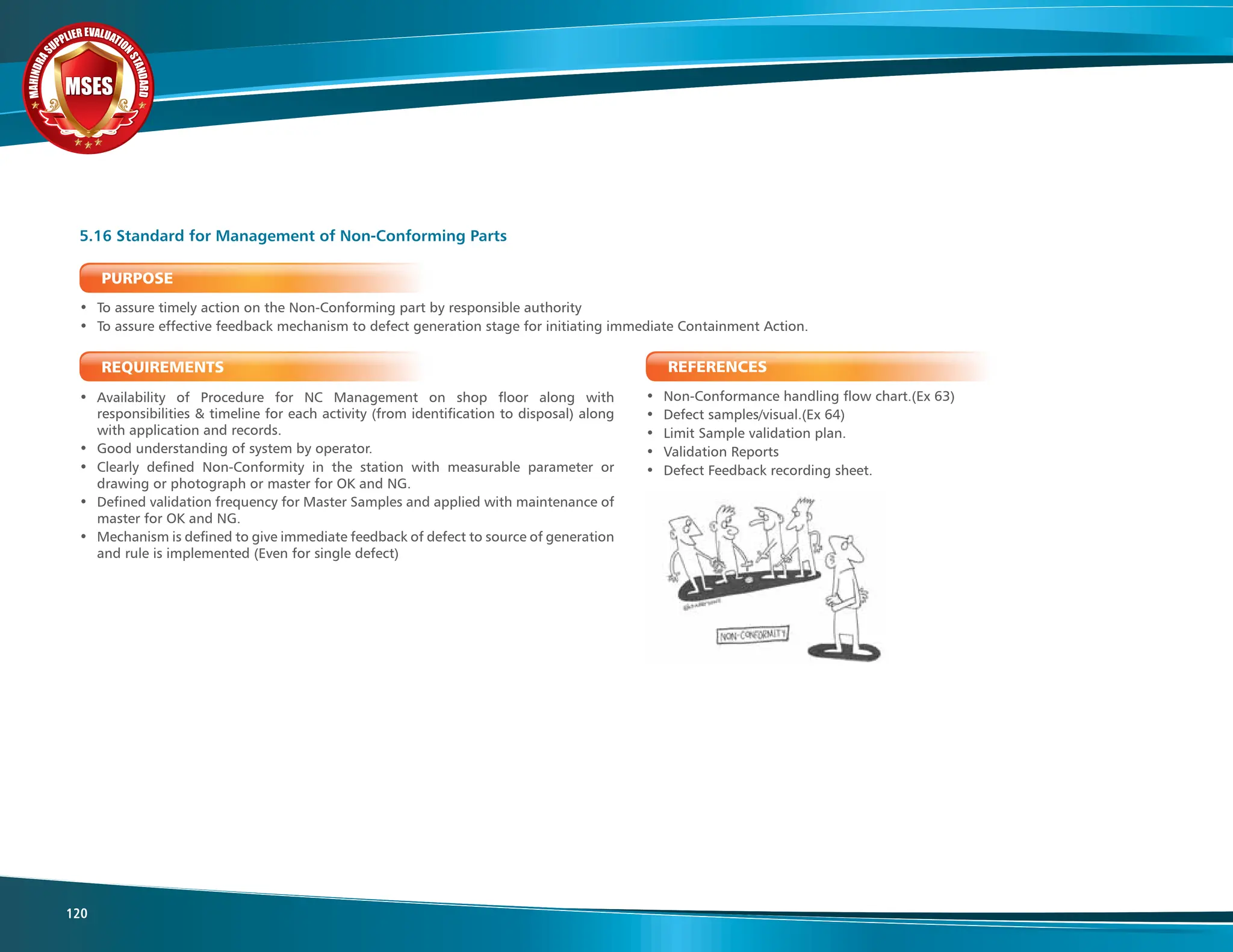 M
A
H
I
N
D
R
A
SUPPLIER EVALUATIO
N
S
T
A
N
D
A
R
D
MSES
MSES
MSES
120
PURPOSE
• To assure timely action on the Non-Conforming part by responsible authority
• To assure effective feedback mechanism to defect generation stage for initiating immediate Containment Action.
REQUIREMENTS
• Availability of Procedure for NC Management on shop floor along with
responsibilities & timeline for each activity (from identification to disposal) along
with application and records.
• Good understanding of system by operator.
• Clearly defined Non-Conformity in the station with measurable parameter or
drawing or photograph or master for OK and NG.
• Defined validation frequency for Master Samples and applied with maintenance of
master for OK and NG.
• Mechanism is defined to give immediate feedback of defect to source of generation
and rule is implemented (Even for single defect)
5.16 Standard for Management of Non-Conforming Parts
REFERENCES
• Non-Conformance handling flow chart.(Ex 63)
• Defect samples/visual.(Ex 64)
• Limit Sample validation plan.
• Validation Reports
• Defect Feedback recording sheet.
 