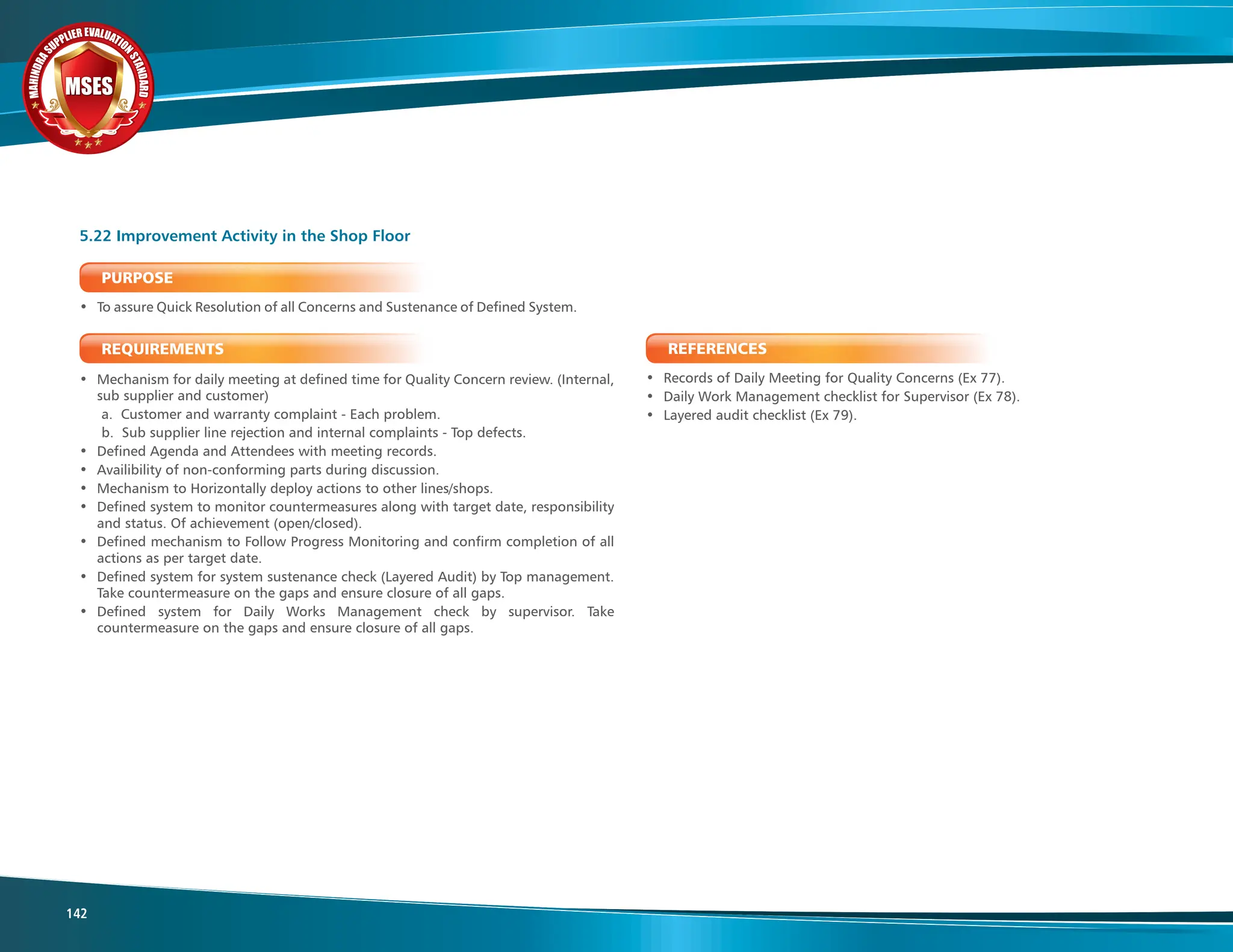 M
A
H
I
N
D
R
A
SUPPLIER EVALUATIO
N
S
T
A
N
D
A
R
D
MSES
MSES
MSES
142
PURPOSE
• To assure Quick Resolution of all Concerns and Sustenance of Defined System.
REQUIREMENTS
• Mechanism for daily meeting at defined time for Quality Concern review. (Internal,
sub supplier and customer)
a.  Customer and warranty complaint - Each problem.
b.  Sub supplier line rejection and internal complaints - Top defects.
• Defined Agenda and Attendees with meeting records.
• Availibility of non-conforming parts during discussion.
• Mechanism to Horizontally deploy actions to other lines/shops.
• Defined system to monitor countermeasures along with target date, responsibility
and status. Of achievement (open/closed).
• Defined mechanism to Follow Progress Monitoring and confirm completion of all
actions as per target date.
• Defined system for system sustenance check (Layered Audit) by Top management.
Take countermeasure on the gaps and ensure closure of all gaps.
• Defined system for Daily Works Management check by supervisor. Take
countermeasure on the gaps and ensure closure of all gaps.
5.22 Improvement Activity in the Shop Floor
REFERENCES
• Records of Daily Meeting for Quality Concerns (Ex 77).
• Daily Work Management checklist for Supervisor (Ex 78).
• Layered audit checklist (Ex 79).
 