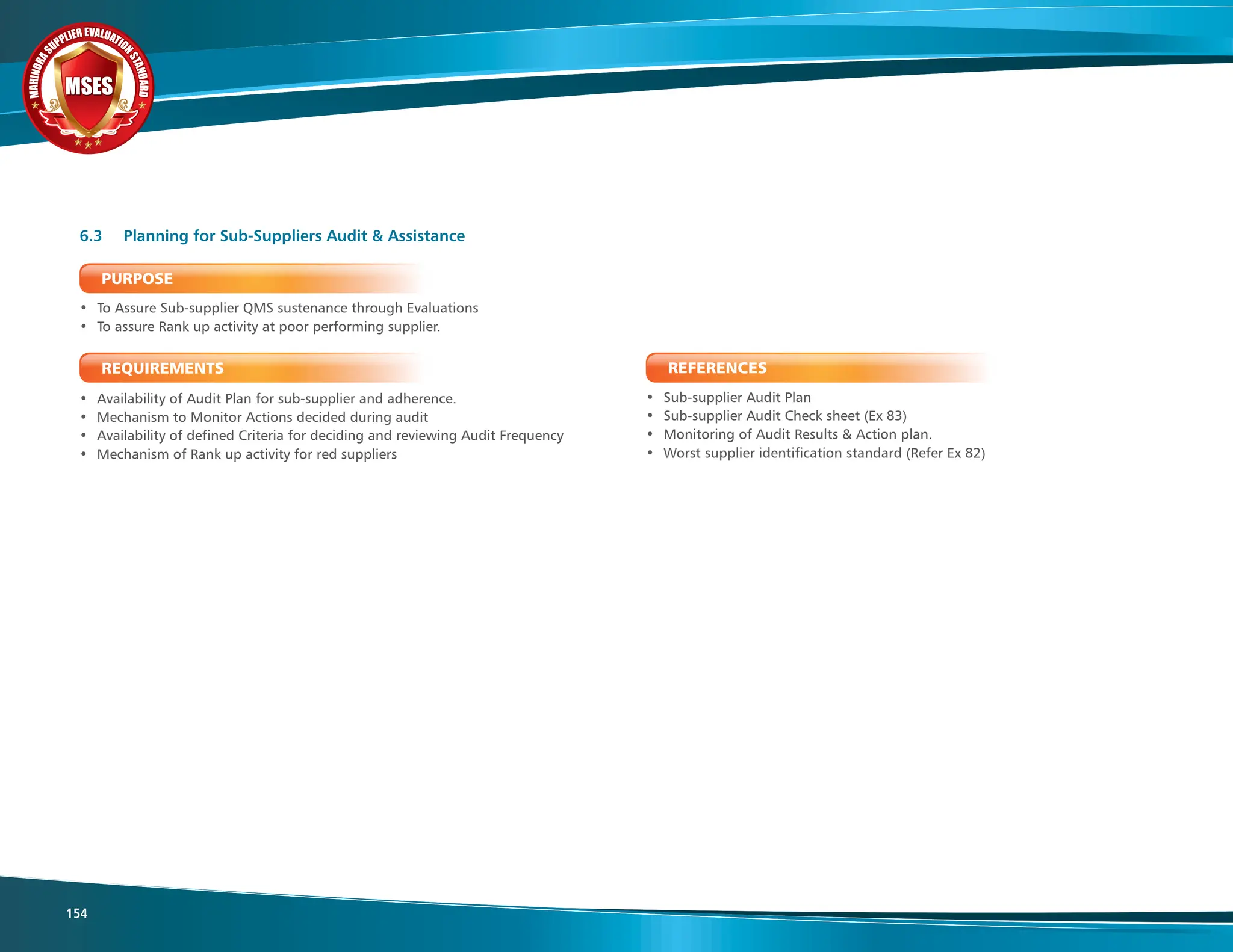 M
A
H
I
N
D
R
A
SUPPLIER EVALUATIO
N
S
T
A
N
D
A
R
D
MSES
MSES
MSES
154
PURPOSE
• To Assure Sub-supplier QMS sustenance through Evaluations
• To assure Rank up activity at poor performing supplier.
REQUIREMENTS
• Availability of Audit Plan for sub-supplier and adherence.
• Mechanism to Monitor Actions decided during audit
• Availability of defined Criteria for deciding and reviewing Audit Frequency
• Mechanism of Rank up activity for red suppliers
6.3 Planning for Sub-Suppliers Audit & Assistance
REFERENCES
• Sub-supplier Audit Plan
• Sub-supplier Audit Check sheet (Ex 83)
• Monitoring of Audit Results & Action plan.
• Worst supplier identification standard (Refer Ex 82)
 