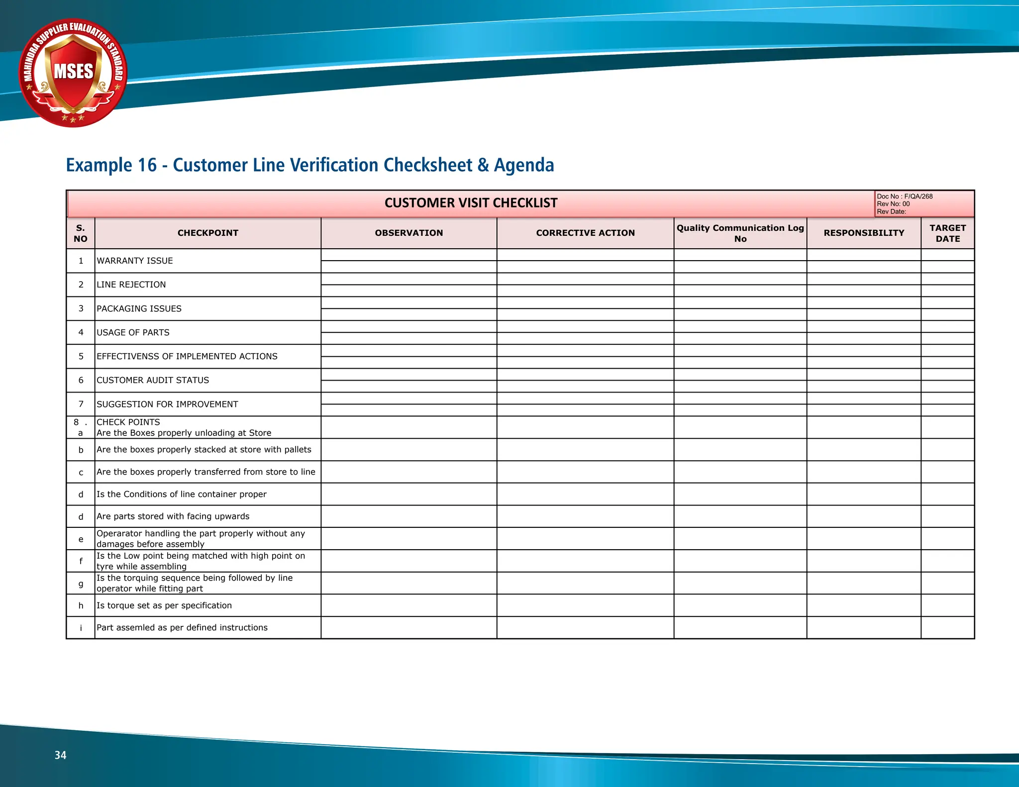 M
A
H
I
N
D
R
A
SUPPLIER EVALUATIO
N
S
T
A
N
D
A
R
D
MSES
MSES
MSES
34
Example 16 - Customer Line Verification Checksheet & Agenda
S.
NO
Quality Communication Log
No
TARGET
DATE
8 .
a
b
c
d
d
e
f
g
h
i Part assemled as per defined instructions
CHECK POINTS
Are the Boxes properly unloading at Store
7
5 EFFECTIVENSS OF IMPLEMENTED ACTIONS
CUSTOMER AUDIT STATUS
6
4
2 LINE REJECTION
PACKAGING ISSUES
3
USAGE OF PARTS
Are the boxes properly stacked at store with pallets
Are the boxes properly transferred from store to line
Is the Conditions of line container proper
Operarator handling the part properly without any
damages before assembly
Are parts stored with facing upwards
CORRECTIVE ACTION
1 WARRANTY ISSUE
OBSERVATION
CHECKPOINT RESPONSIBILITY
Is the Low point being matched with high point on
tyre while assembling
SUGGESTION FOR IMPROVEMENT
Is torque set as per specification
Is the torquing sequence being followed by line
operator while fitting part
Doc No : F/QA/268
Rev No: 00
Rev Date:
CUSTOMER VISIT CHECKLIST
 