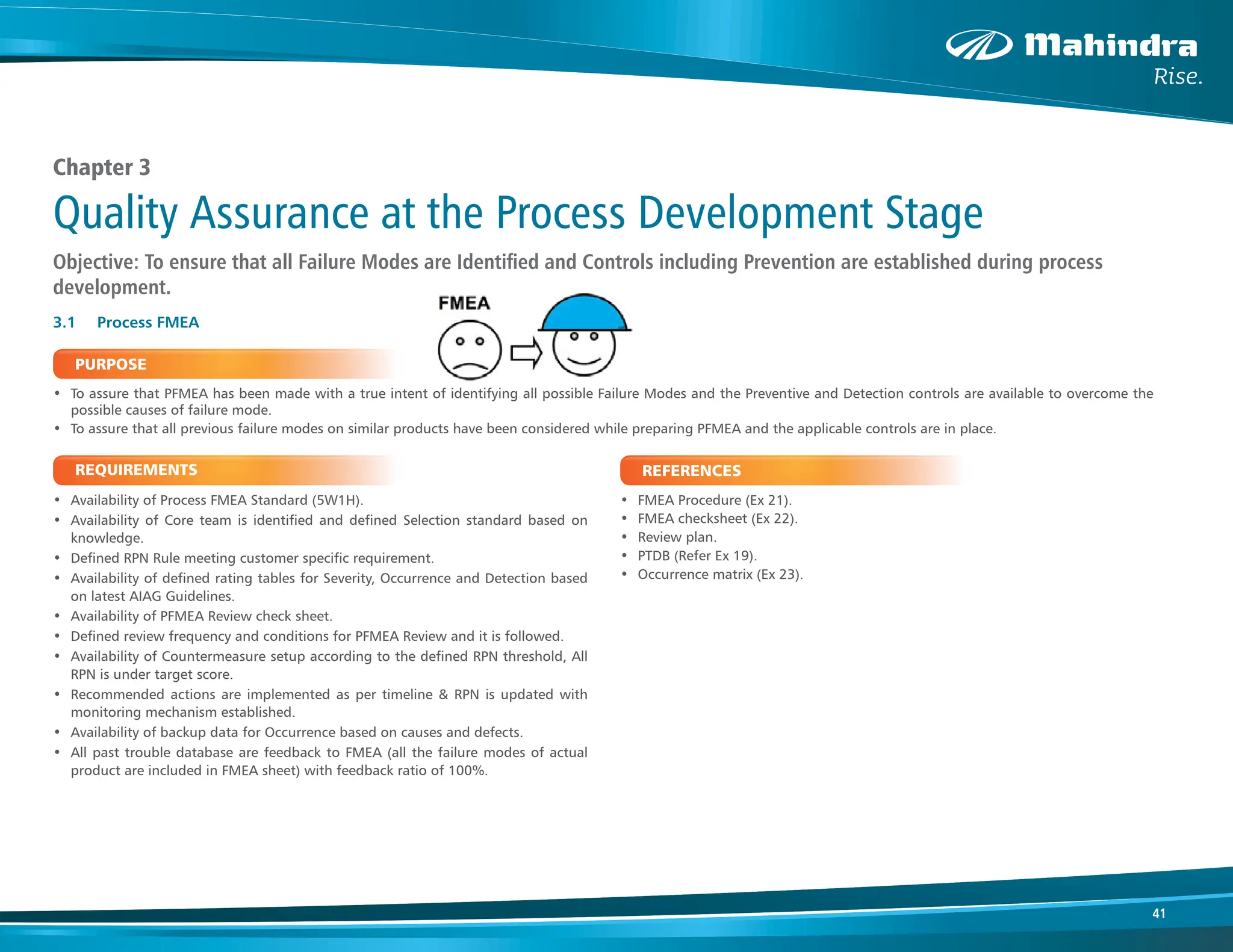 41
Chapter 3
Quality Assurance at the Process Development Stage
PURPOSE
• To assure that PFMEA has been made with a true intent of identifying all possible Failure Modes and the Preventive and Detection controls are available to overcome the
possible causes of failure mode.
• To assure that all previous failure modes on similar products have been considered while preparing PFMEA and the applicable controls are in place.
REQUIREMENTS
• Availability of Process FMEA Standard (5W1H).
• Availability of Core team is identified and defined Selection standard based on
knowledge.
• Defined RPN Rule meeting customer specific requirement.
• Availability of defined rating tables for Severity, Occurrence and Detection based
on latest AIAG Guidelines.
• Availability of PFMEA Review check sheet.
• Defined review frequency and conditions for PFMEA Review and it is followed.
• Availability of Countermeasure setup according to the defined RPN threshold, All
RPN is under target score.
• Recommended actions are implemented as per timeline & RPN is updated with
monitoring mechanism established.
• Availability of backup data for Occurrence based on causes and defects.
• All past trouble database are feedback to FMEA (all the failure modes of actual
product are included in FMEA sheet) with feedback ratio of 100%.
3.1 Process FMEA
Objective: To ensure that all Failure Modes are Identified and Controls including Prevention are established during process
development.
REFERENCES
• FMEA Procedure (Ex 21).
• FMEA checksheet (Ex 22).
• Review plan.
• PTDB (Refer Ex 19).
• Occurrence matrix (Ex 23).
 