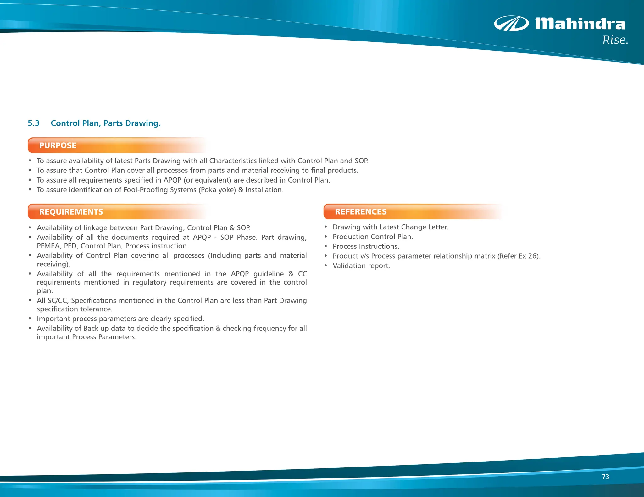 73
PURPOSE
• To assure availability of latest Parts Drawing with all Characteristics linked with Control Plan and SOP.
• To assure that Control Plan cover all processes from parts and material receiving to final products.
• To assure all requirements specified in APQP (or equivalent) are described in Control Plan.
• To assure identification of Fool-Proofing Systems (Poka yoke) & Installation.
REQUIREMENTS
• Availability of linkage between Part Drawing, Control Plan & SOP.
• Availability of all the documents required at APQP - SOP Phase. Part drawing,
PFMEA, PFD, Control Plan, Process instruction.
• Availability of Control Plan covering all processes (Including parts and material
receiving).
• Availability of all the requirements mentioned in the APQP guideline & CC
requirements mentioned in regulatory requirements are covered in the control
plan.
• All SC/CC, Specifications mentioned in the Control Plan are less than Part Drawing
specification tolerance.
• Important process parameters are clearly specified.
• Availability of Back up data to decide the specification & checking frequency for all
important Process Parameters.
5.3 Control Plan, Parts Drawing.
REFERENCES
• Drawing with Latest Change Letter.
• Production Control Plan.
• Process Instructions.
• Product v/s Process parameter relationship matrix (Refer Ex 26).
• Validation report.
 