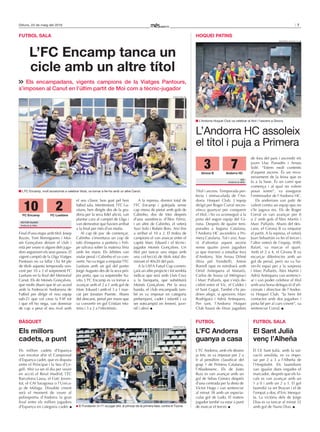 7Dilluns, 23 de maig del 2016
Títol i ascens. Temporada per-
fecta i immaculada de l’An-
dorra Hoquei Club. L’equip
dirigit per Roger Corral neces-
sitava guanyar per conquerir
el títol, i ho va aconseguir a la
pista del segon equip del Gi-
rona. Després de quatre tem-
porades a Segona Catalana,
l’Andorra HC ascendeix a Pri-
mera Catalana. Tot i així, hau-
rà d’afrontar aquest ascens
sense quatre joves jugadors
ja que marxen a estudiar fora
d’Andorra. Són Arnau Dilmé
(fitxa pel Vendrell), Anton
Borrell (que es retrobarà amb
Oriol Antequera al Mataró),
Carlos de Sousa (al Mérignac)
i Marc Pallarés, que s’està de-
cidint entre el Vic, el Caldes i
el Sant Cugat. També s’hi po-
drien afegir, si aproven, Marc
Rodríguez i Adrià Antequera.
Per tant, l’Andorra Hoquei
Club haurà de fitxar jugadors
de fora del país i ascendir els
joves Lluc Panadés i Arnau
Solé. “Estem molt contents
d’aquest ascens. És un reco-
neixement de la feina que es
fa a la base. És un camí que
comença i al qual no volem
posar sostre”, va assegurar
l’entrenador de l’Andorra HC.
Els andorrans van patir de
valent contra un equip que no
s’hi jugava res. Els de Roger
Corral es van avançar per 0
a 2 amb gols d’Àlex Martín i
Marc Pallarés. Abans del des-
cans, el Girona B va empatar
el partit. A la represa, el veterà
Juan Sebastián va fer el tercer i
l’altre veterà de l’equip, Wiffy
Balart, va marcar el quart.
Amb el 2 a 4, el Girona B va
escurçar diferències amb un
gol de penal, però no va ha-
ver-hi espai per a la sorpresa
i Marc Pallarés, Àlex Martín i
Adrià Antequera van sentenci-
ar i van poder celebrar el títol
amb una bona delegació d’afi-
cionats i directius de l’Andor-
ra Hoquei Club. “Ja hem fet
contactes amb dos jugadors i
pinta bé per al curs vinent”, va
sentenciar Corral.
hoquei patins
L’Andorra HC assoleix
el títol i puja a primera
V.D.
Andorra la Vella
andorra hoquei club
L’Andorra Hoquei Club va celebrar el títol i l’ascens a Girona.
Girona B andorra hC
73
Final d’una etapa amb títol. Josep
Bazán, Toni Berengueres i Moi-
sés Gonçalves deixen el club i
està per veure si alguns dels juga-
dors segueixen els seus passos. El
vigent campió de la Lliga Viatges
Pantours no va fallar i ha fet ple
de títols aquesta temporada ven-
cent per 10 a 2 el sorprenent FC
Lusitans en la final del Memorial
Canut. Els de Moisés Gonçalves,
que molts diuen que té un acord
amb la Federació Andorrana de
Futbol per dirigir el nou equip
sub-21 que vol crear la FAF tot
i que ell ho nega, van dominar
de cap a peus el seu rival amb
el seu clàssic bon gust pel bon
futbol sala. Mentrestant, l’FC Lu-
sitans, ben dirigits des de la gra-
deria per la seva fidel afició, van
plantar cara al campió de Lliga i
van demostrar que havien arribat
a la final per més d’un motiu.
Al cap de poc de començar,
Cabinho s’inventava un cop de
taló d’esquena a porteria i Feli-
pe salvava sobre la mateixa línia
amb les mans. Els àrbitres van
xiular penal i Cabinho el va con-
vertir. No va trigar a empatar l’FC
Lusitans amb un gol del porter
Jorge Augusto des de la seva prò-
pia porta, que va sorprendre Xa-
vito. L’FC Encamp es va tornar a
avançar amb el 2 a 1 amb gol de
Marc Eduard i amb el 3 a 1 mar-
cat per Jonatan Puente. Abans
del descans, penal per mans que
va convertir en gol Cristian Mo-
reira i 3 a 2 a l’electrònic.
A la represa, domini total de
l’FC Encamp i golejada sense
cap mena de pietat amb gols de
Cabinho, dos de Moi després
d’una assistència d’Àlex Férriz,
i un altre de Cabinho, el veterà
Xavi Solà i Rubén Boix. Així fins
a arribar al 10 a 2. El trofeu de
campions el van aixecar entre el
capità Marc Eduard i el tècnic-
jugador Moisés Gonçalves. Un
títol per tancar una etapa amb
una col·lecció de títols total do-
minant el 40x20 del país.
A la UEFA Futsal Cup comen-
çarà un altre projecte i tot sembla
indicar que serà amb Lluís Cruz
a la banqueta, que substituirà
Moisés Gonçalves. Per la seva
banda, el club encampadà tam-
bé es va imposar en categoria
prebenjamí, cadet i infantil i va
ser sotscampió en femení, juve-
nil i aleví.
futBol sala
l’fC encamp tanca un
cicle amb un altre títol
Els encampadans, vigents campions de la Viatges Pantours,
s’imposen al Canut en l’últim partit de Moi com a tècnic-jugador
VÍCTOR DUASO
Andorra la Vella
jonathan gil
L’FC Encamp, molt acostumat a celebrar títols, va tornar a fer-ho amb un altre Canut.
els millors
cadets, a punt
Els millors cadets d’Espanya
van encetar ahir el Campionat
d’Espanya cadet, que es disputa
entre el Principat i la Seu d’Ur-
gell. Ahir va ser el dia per veure
en acció el Reial Madrid, l’FC
Barcelona Lassa, el Fiatc Joven-
tut, el CAI Saragossa o l’Unica-
ja de Màlaga. Dissabte vinent
serà el moment de veure al
poliesportiu d’Andorra la gran
final entre els millors jugadors
d’Espanya en categoria cadet.
Bàsquet
l’fC andorra
guanya a casa
L’FC Andorra, amb els deures
ja fets, es va imposar per 2 a
0 al penúltim classificat del
grup 1 de Primera Catalana,
l’Abadessenc. Els de Justo
Ruiz es van avançar amb un
gol de Sebas Gómez després
d’una centrada per la dreta de
Víctor Hugo i van sentenciar
al minut 38 amb un especta-
cular gol de Ludo. El mateix
jugador també va estar a punt
de marcar el tercer.
futBol
el sant Julià
venç l’alheña
El CE Sant Julià, amb la sal-
vació assolida, es va impo-
sar per 2 a 3 a l’Alheña de
l’Hospitalet. Els lauredians
van igualar dues vegades el
marcador, després que els lo-
cals es van avançar amb un
1 a 0 i amb un 2 a 1. El gol
lauredià va ser Brayan i el de
l’empat a dos, d’Eric Mesqui-
ta. La victòria dels de Jorge
Dias es va tancar al minut 32
amb gol de Nuno Dias.
futBol sala
fC encamp fC lusitans
210
jonathan gil
El Fundación 5+11 va jugar ahir, al principi de la primera fase, contra el Tizona.
 
