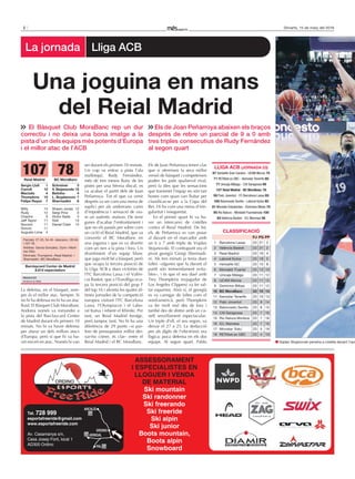2 Dimarts, 15 de març del 2016
La defensa, en el bàsquet, sem-
pre és el millor atac. Sempre. Si
no hi ha defensa no hi ha un atac
fluid. El Bàsquet Club MoraBanc
Andorra només va romandre a
la pista del Barclaycard Center
de Madrid durant els primers 10
minuts. No hi va haver defensa
per aturar un dels millors atacs
d’Europa, però sí que hi va ha-
ver encert en atac. Només hi van
ser durant els primers 10 minuts.
Un cop va entrar a pista l’ala
mallorquí, Rudy Fernández,
més de tres mesos lluny de les
pistes per una hèrnia discal, es
va acabar el partit dels de Joan
Peñarroya. Tot el que va venir
després va ser com una mena de
suplici per als andorrans: cares
d’impotència i sensació de viu-
re un autèntic malson. De tenir
ganes d’acabar l’enfrontament i
que no els passés per sobre com
un cicló el Reial Madrid, que va
convertir el BC MoraBanc en
una joguina i que es va divertir
com un nen a la pista i fora. Un
divertiment d’un equip blanc
que juga molt bé a bàsquet, però
que ocupa la tercera posició de
la Lliga ACB a dues victòries de
l’FC Barcelona Lassa i el Valèn-
cia Basket, que a l’Eurolliga ocu-
pa la tercera posició del grup F
del top 16 i afronta les quatre úl-
times jornades de la competició
europea visitant l’FC Barcelona
Lassa, l’Olympiacos i el Labo-
ral Kutxa i rebent el Khimki. Per
tant, un Reial Madrid ferotge,
però tampoc tant. No hi ha una
diferència de 29 punts –si par-
lem de pressupostos millor dei-
xar-ho córrer, és clar– entre el
Reial Madrid i el BC MoraBanc.
Els de Joan Peñarroya tenen clar
que si ofereixen la seva millor
versió de bàsquet i competeixen
poden fer patir qualsevol rival,
però fa dies que les sensacions
que transmet l’equip no són tan
bones com quan van lluitar per
classificar-se per a la Copa del
Rei. Hi ha com una mena d’irre-
gularitat i inseguretat.
En el primer quart hi va ha-
ver un intercanvi de cistelles
contra el Reial Madrid. De fet,
els de Peñarroya es van posar
al davant en el marcador amb
un 6 a 7 amb triple de Vojdan
Stojanovski. El contrapunt era el
pivot georgià Giorgi Shermadi-
ni. Als tres minuts ja tenia dues
faltes –algunes que fa durant el
partit són tremendament evita-
bles–, i és que el seu duel amb
Trey Thompkins (exjugador de
Los Angeles Clippers) va fer sal-
tar espurnes. Això sí, el georgià
es va carregar de faltes com el
nord-americà, però Thompkins
va fer molt mal des de fora i
també des de dintre amb un ca-
nell senzillament espectacular.
Un triple d’ell, el seu segon, va
deixar el 27 a 25. La deducció
per als dígits de l’electrònic era
lògica: poca defensa en els dos
equips. Al segon quart, Pablo
REDACCIÓ
Andorra la Vella
La jornada Lliga ACB
Reial Madrid BC MoraBanc
78
Parcials: 27-25, 54-45 –descans–; 83-64
i 107-78.
Àrbitres: García González, Oyón i Martí-
nez Díez.
Eliminats: Thompkins –Reial Madrid– i
Shermadini –BC MoraBanc.
Sergio Llull 1
Carroll 12
Maciulis 4
Thompkins 15
Felipe Reyes 7
Willy 14
Rudy 12
Chacho 5
Jeff Taylor 11
Nocioni 11
Doncic 11
Augusto Lima 4
Barclaycard Center de Madrid
8.614 espectadors
107
Schreiner 3
V. Stojanovski 15
Betinho 4
L. Bogdanovic 7
Shermadini 6
Shawn Jones 12
Sergi Pino 0
Víctor Sada 4
Holt 13
Daniel Clark 14
CLaSSiFiCaCió
PJ PG PP
1 Barcelona Lassa 23 21 2
2 València Basket 23 21 2
3 Reial Madrid 23 19 4
4 Laboral Kutxa 23 18 5
5 Herbalife GC 23 15 8
6 Montakit ‘Fuenla’ 23 13 10
7 Unicaja Màlaga 23 11 12
8 UCAM Múrcia 23 11 12
9 Dominion Bilbao 23 11 12
10 BC MoraBanc 23 10 13
11 Iberostar Tenerife 23 10 13
12 Fiatc Joventut 23 9 14
13 Baloncesto Sevilla 23 8 15
14 CAI Saragossa 23 7 16
15 Rio Natura Monbus 23 7 16
16 ICL Manresa 23 7 16
17 Movistar ‘Estu’ 23 5 18
18 RETAbet.es GBC 23 4 19
LLiGa aCB (JoRnada 23)
87 Herbalife Gran Canària - UCAM Múrcia 75
71 RETAbet.es GBC - Iberostar Tenerife 80
77 Unicaja Màlaga - CAI Saragossa 69
107 Reial Madrid - BC MoraBanc 78
59 Fiatc Joventut - FC Barcelona Lassa 85
100 Baloncesto Sevilla - Laboral Kutxa 92
81 Movistar Estudiantes - Dominion Bilbao 70
95 Rio Natura - Montakit Fuenlabrada 100
83 València Basket - ICL Manresa 56
Vojdan Stojanovski penetra a cistella davant l’opo
El Bàsquet Club MoraBanc rep un dur
correctiu i no deixa una bona imatge a la
pista d’un dels equips més potents d’Europa
i el millor atac de l’ACB
Els de Joan Peñarroya abaixen els braços
després de rebre un parcial de 9 a 0 amb
tres triples consecutius de Rudy Fernández
al segon quart
Una joguina en mans
del Reial Madrid
Tel. 728 999
esportsfreeride@gmail.com
www.esportsfreeride.com
Av. Casamanya s/n,
Casa Josep Font, local 1
AD300 Ordino
ASSESSORAMENT
I ESPECIALISTES EN
LLOGUER I VENDA
DE MATERIAL
Ski mountain
Ski randonner
Ski freerando
Ski freeride
Ski alpin
Ski junior
Boots mountain,
Boots alpin
Snowboard
ESPORTSESPORTSESPORTS
ORDINO
 