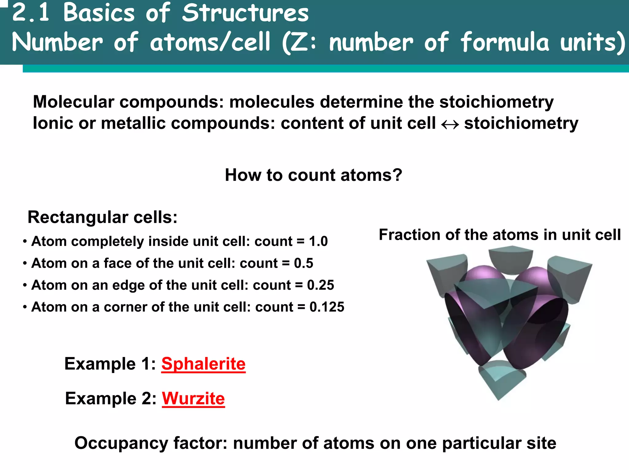 2.1 Basics of Structures
Number of atoms/cell (Z: number of formula units)
Molecular compounds: molecules determine the stoichiometry
Ionic or metallic compounds: content of unit cell ↔ stoichiometry
How to count atoms?
Rectangular cells:
• Atom completely inside unit cell: count = 1.0
• Atom on a face of the unit cell: count = 0.5
• Atom on an edge of the unit cell: count = 0.25
• Atom on a corner of the unit cell: count = 0.125
Fraction of the atoms in unit cell
Example 1: Sphalerite
Example 2: Wurzite
Occupancy factor: number of atoms on one particular site
 