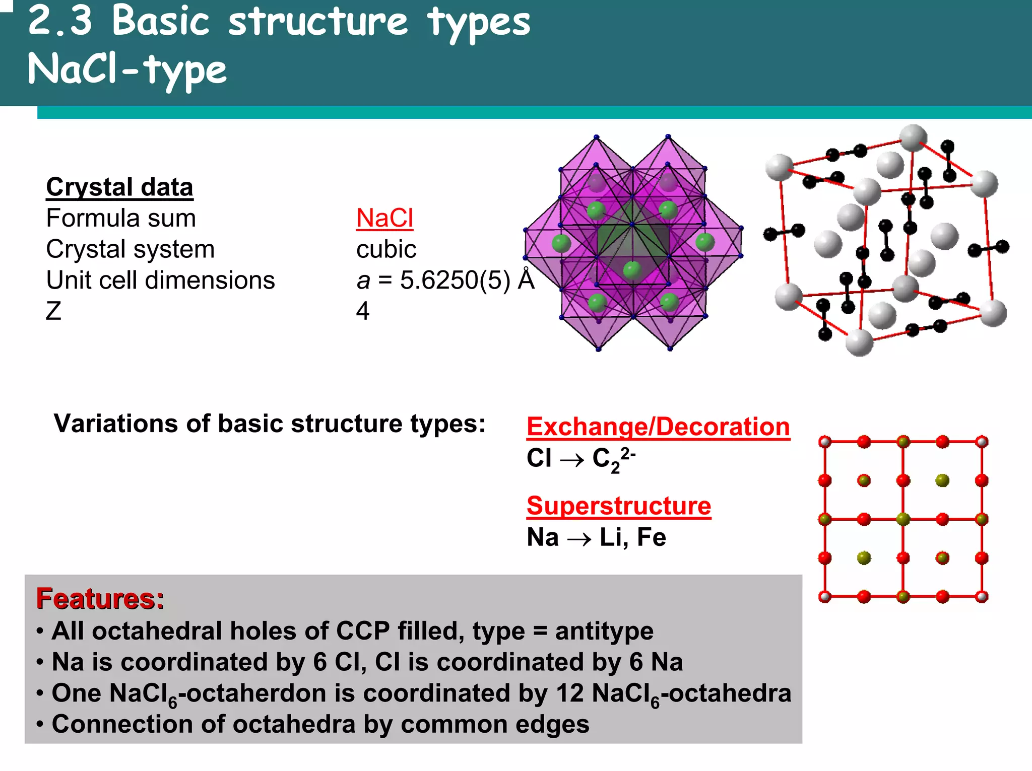 2.3 Basic structure types
NaCl-type
Crystal data
Formula sum NaCl
Crystal system cubic
Unit cell dimensions a = 5.6250(5) Å
Z 4
Variations of basic structure types: Exchange/Decoration
Cl → C2
2-
Superstructure
Na → Li, Fe
Features:
Features:
• All octahedral holes of CCP filled, type = antitype
• Na is coordinated by 6 Cl, Cl is coordinated by 6 Na
• One NaCl6-octaherdon is coordinated by 12 NaCl6-octahedra
• Connection of octahedra by common edges
 