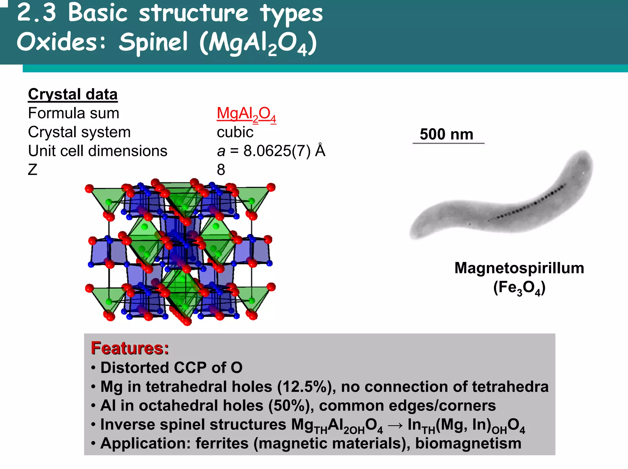 2.3 Basic structure types
Oxides: Spinel (MgAl2O4)
Crystal data
Formula sum MgAl2O4
Crystal system cubic
Unit cell dimensions a = 8.0625(7) Å
Z 8
Features:
Features:
• Distorted CCP of O
• Mg in tetrahedral holes (12.5%), no connection of tetrahedra
• Al in octahedral holes (50%), common edges/corners
• Inverse spinel structures MgTHAl2OHO4 → InTH(Mg, In)OHO4
• Application: ferrites (magnetic materials), biomagnetism
Magnetospirillum
(Fe3O4)
500 nm
 