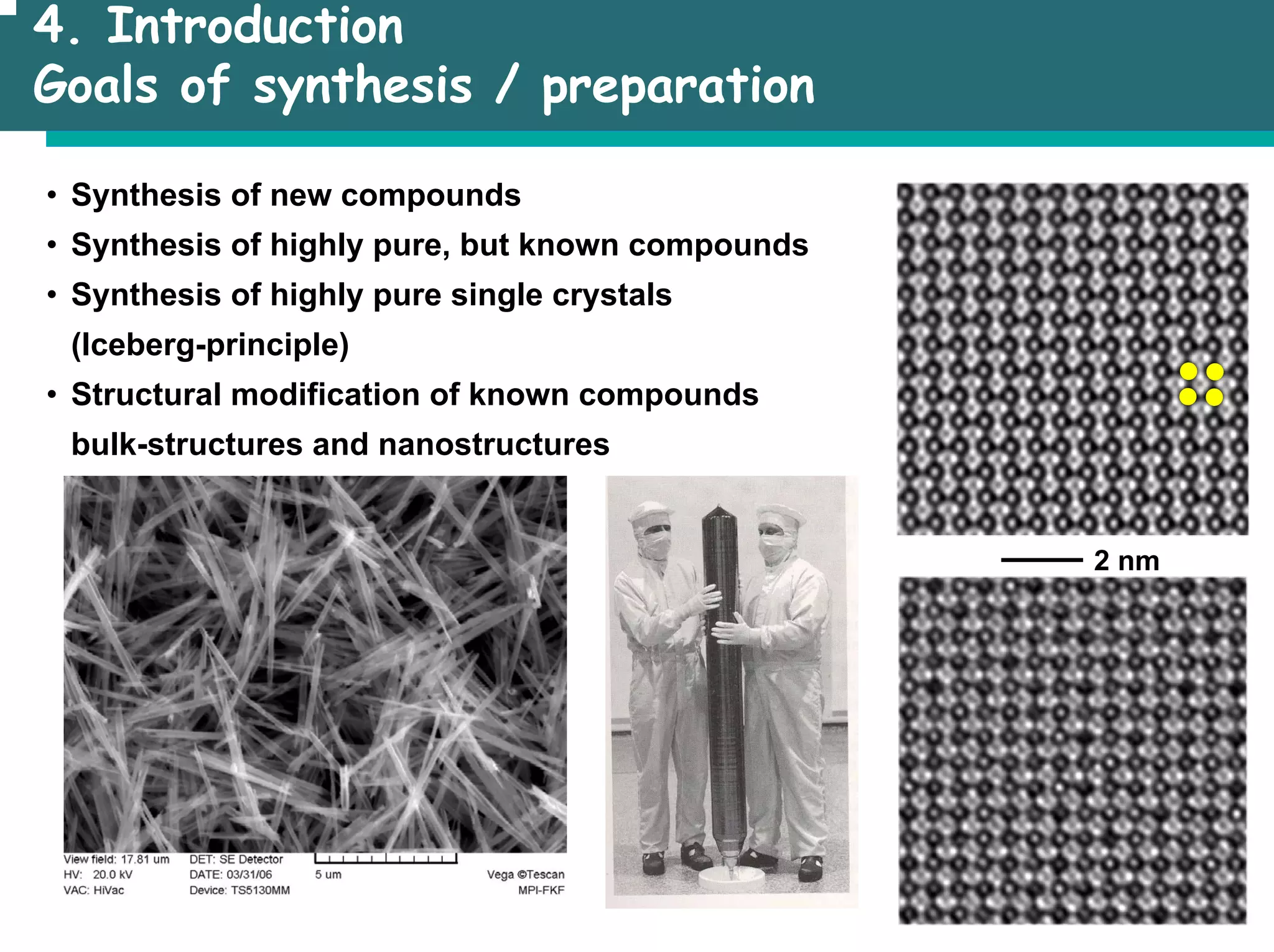 4. Introduction
Goals of synthesis / preparation
• Synthesis of new compounds
• Synthesis of highly pure, but known compounds
• Synthesis of highly pure single crystals
(Iceberg-principle)
• Structural modification of known compounds
bulk-structures and nanostructures
2 nm
 