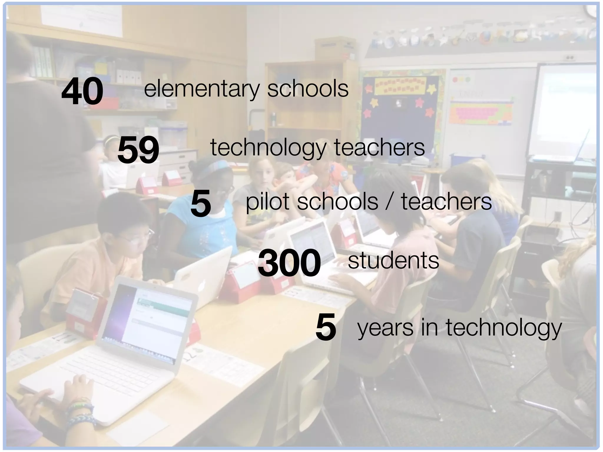 40    elementary schools

     59    technology teachers

          5   pilot schools / teachers

               300       students

                     5     years in technology
 