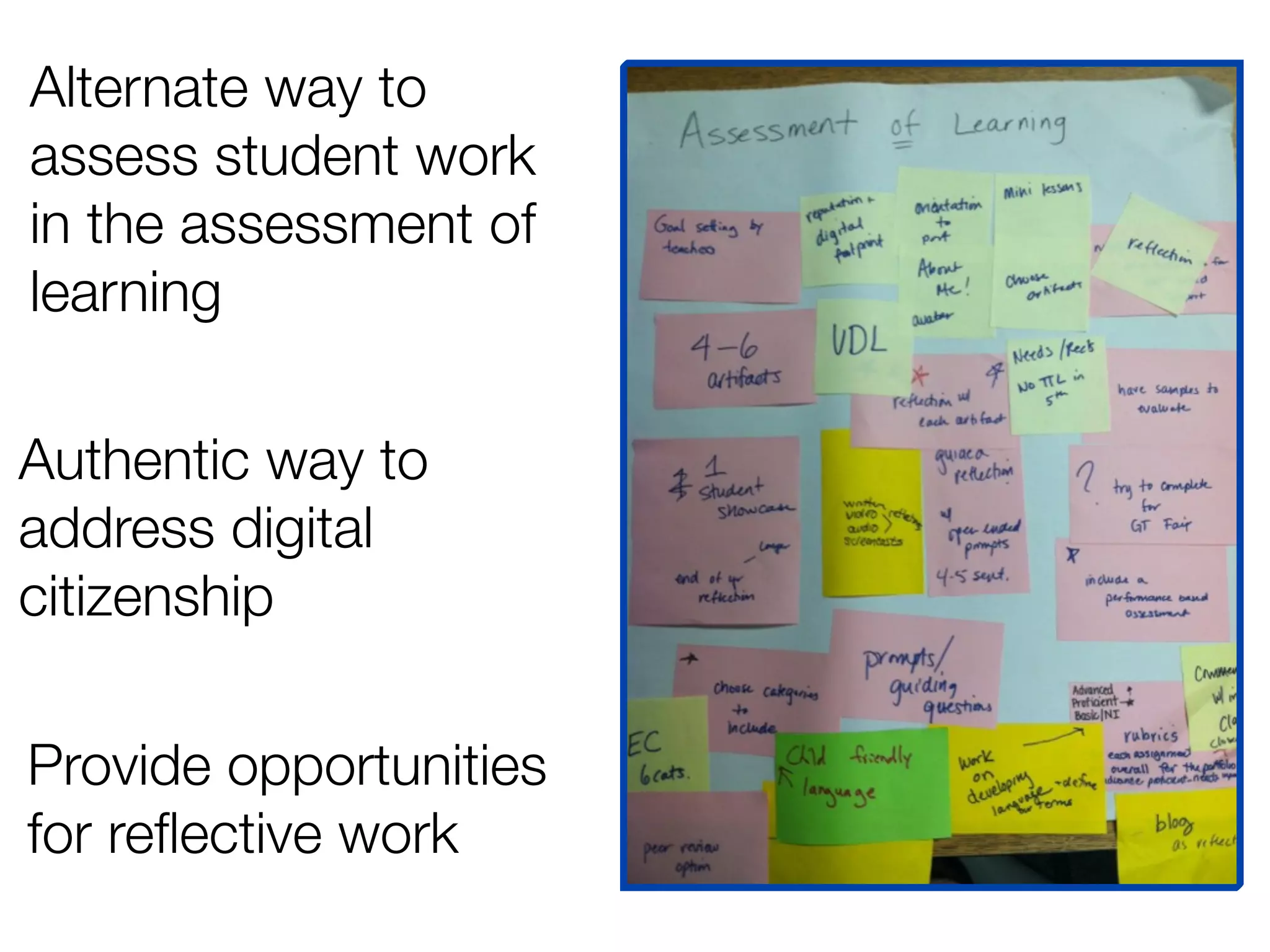 Alternate way to
assess student work
in the assessment of
learning

Authentic way to
address digital
citizenship

Provide opportunities
for reﬂective work
 