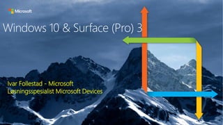 Windows 10 & Surface (Pro) 3
Ivar Follestad - Microsoft
Løsningsspesialist Microsoft Devices
 
