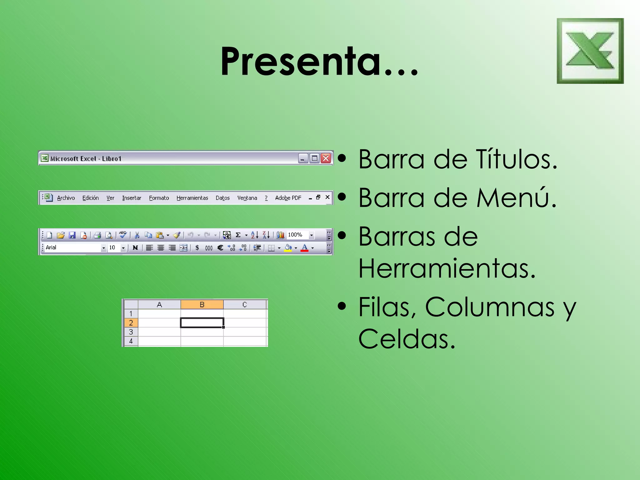 Presenta… Barra de Títulos. Barra de Menú. Barras de Herramientas. Filas, Columnas y Celdas.