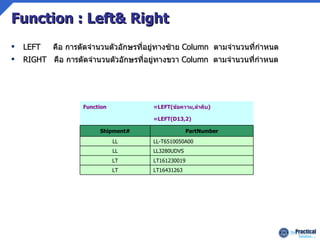 Function : Left& Right LEFT  คือ การตัดจำนวนตัวอักษรที่อยู่ทางซ้าย  Column  ตามจำนวนที่กำหนด RIGHT  คือ การตัดจำนวนตัวอักษรที่อยู่ทางขวา  Column  ตามจำนวนที่กำหนด LT16431263 LT LT161230019 LT LL3280UDVS LL LL-T6510050A00 LL PartNumber Shipment# =LEFT(D13,2)  =LEFT( ข้อความ , ลำดับ ) Function 