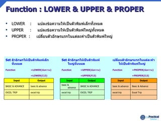 Function : LOWER & UPPER & PROPER LOWER  :  แปลงข้อความให้เป็นตัวพิมพ์เล็กทั้งหมด UPPER  :  แปลงข้อความให้เป็นตัวพิมพ์ใหญ่ทั้งหมด PROPER  :  เปลี่ยนตัวอักษรแรกในแต่ละคำเป็นตัวพิมพ์ใหญ่         Excel Trip excel trip  EXCEL TRIP excel trip  excel trip EXCEL TRIP Basic & Advance basic & advance  BASIC & ADVANCE basic & advance  basic & advance BASIC & ADVANCE Output Input  Output Input  Output Input =PROPER(I13)   =UPPER(F13)   =LOWER(C13)  =PROPER( ข้อความ ) Function  =UPPER( ข้อความ ) Function  =LOWER( ข้อความ ) Function เปลี่ยนตัวอักษรแรกในแต่ละคำให้เป็นตัวพิมพ์ใหญ่  Set  ตัวอักษรให้เป็นตัวพิมพ์ใหญ่ทั้งหมด  Set  ตัวอักษรให้เป็นตัวพิมพ์เล็กทั้งหมด 