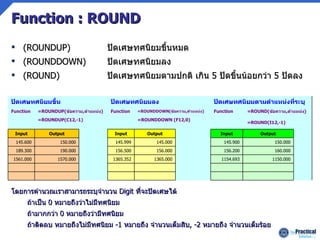 Function : ROUND ( ROUNDUP )  ปัดเศษทศนิยมขึ้นหมด ( ROUNDDOWN )  ปัดเศษทศนิยมลง ( ROUND )  ปัดเศษทศนิยมตามปกติ   เกิน   5  ปัดขึ้นน้อยกว่า   5  ปัดลง โดยการคำนวณเราสามารถระบุจำนวน   Digit  ที่จะปัดเศษได้ ถ้าเป็น  0  หมายถึงว่าไม่มีทศนิยม ถ้ามากกว่า  0  หมายถึงว่ามีทศนิยม ถ้าติดลบ หมายถึงไม่มีทศนิยม  -1  หมายถึง จำนวนเต็มสิบ , -2  หมายถึง จำนวนเต็มร้อย                    1150.000 1154.693  1365.000 1365.352  1570.000 1561.000  160.000 156.200  156.000 156.500  190.000 189.300  150.000 145.900  145.000 145.999  150.000 145.600  Output Input  Output Input  Output Input =ROUND(I12,-1)   =ROUNDDOWN (F12,0)   =ROUNDUP(C12,-1)   =ROUND( ข้อความ , ตำแหน่ง )  Function =ROUNDDOWN( ข้อความ , ตำแหน่ง ) Function =ROUNDUP( ข้อความ , ตำแหน่ง ) Function ปัดเศษทศนิยมตามตำแหน่งที่ระบุ  ปัดเศษทศนิยมลง  ปัดเศษทศนิยมขึ้น 