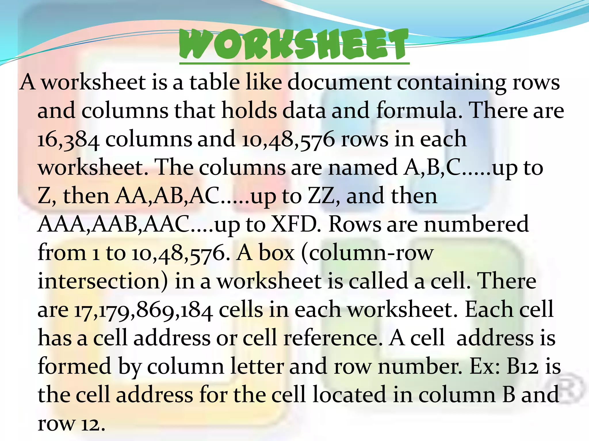 Worksheet
A worksheet is a table like document containing rows
and columns that holds data and formula. There are
16,384 columns and 10,48,576 rows in each
worksheet. The columns are named A,B,C.....up to
Z, then AA,AB,AC.....up to ZZ, and then
AAA,AAB,AAC....up to XFD. Rows are numbered
from 1 to 10,48,576. A box (column-row
intersection) in a worksheet is called a cell. There
are 17,179,869,184 cells in each worksheet. Each cell
has a cell address or cell reference. A cell address is
formed by column letter and row number. Ex: B12 is
the cell address for the cell located in column B and
row 12.

 