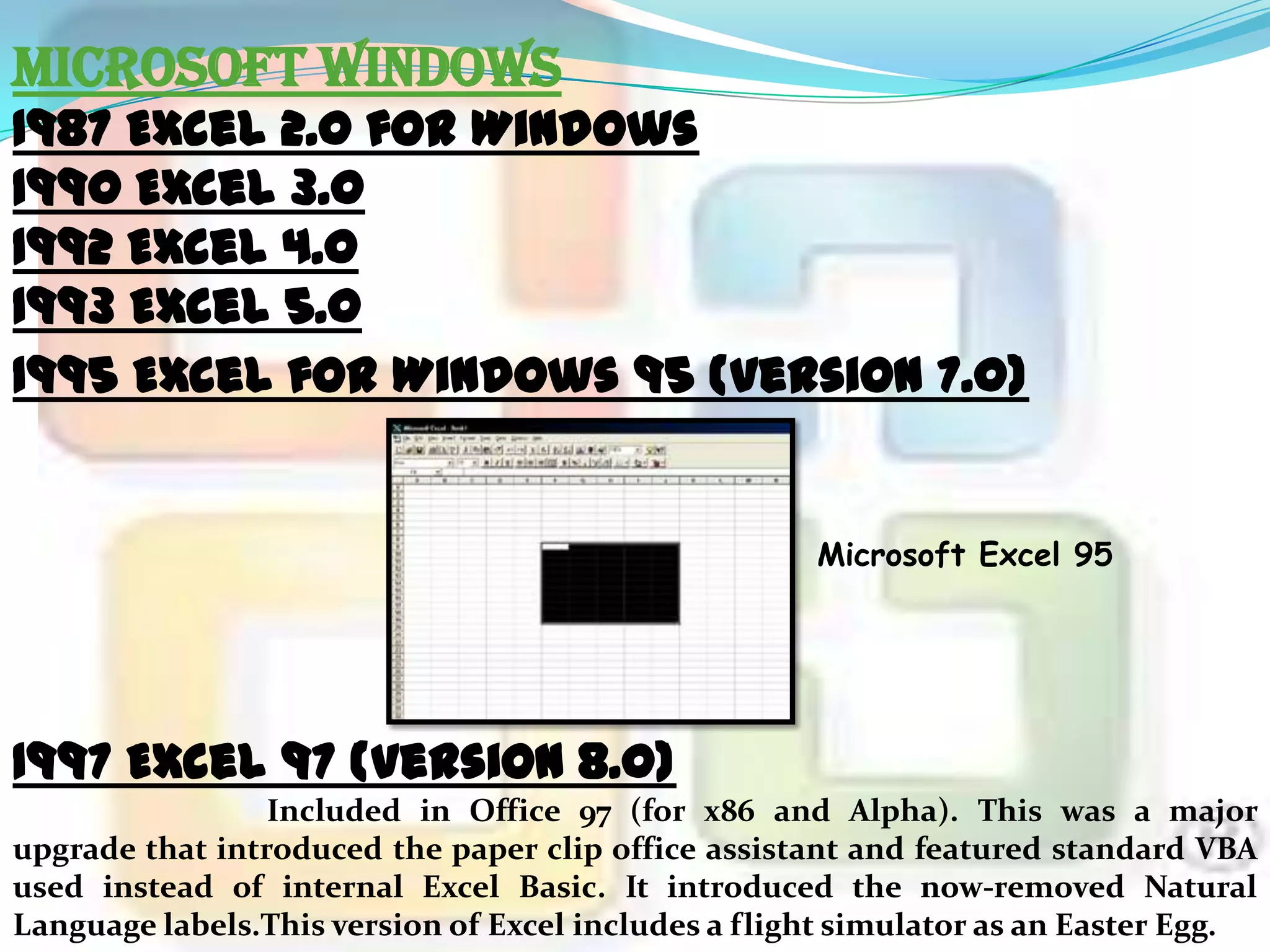 Microsoft Windows

1987 Excel 2.0 for Windows
1990 Excel 3.0
1992 Excel 4.0
1993 Excel 5.0
1995 Excel for Windows 95 (version 7.0)

Microsoft Excel 95

1997 Excel 97 (version 8.0)
Included in Office 97 (for x86 and Alpha). This was a major
upgrade that introduced the paper clip office assistant and featured standard VBA
used instead of internal Excel Basic. It introduced the now-removed Natural
Language labels.This version of Excel includes a flight simulator as an Easter Egg.

 