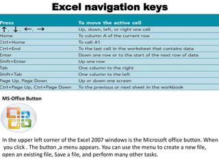 Excel navigation keys 
MS-Office Button 
In the upper left corner of the Excel 2007 windows is the Microsoft office button. When 
you click . The button ,a menu appears. You can use the menu to create a new file, 
open an existing file, Save a file, and perform many other tasks. 
 