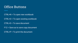 Office Buttons
CTRL+N = To open new workbook
CTRL+O = To open existing workbook
CTRL+S = To save document
F12 = Save as to save copy document
CTRL+P = To print the document
 