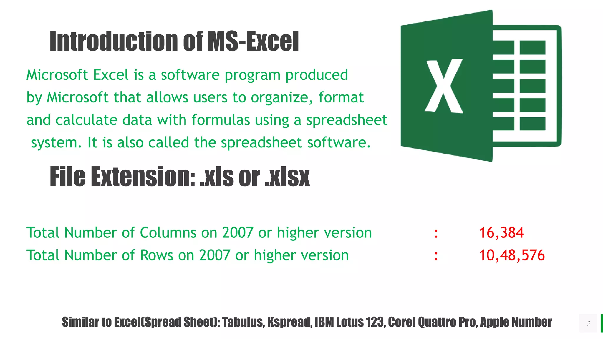BEST FOR You
O R G A N I C S C O M P A N Y
3
Introduction of MS-Excel
Microsoft Excel is a software program produced
by Microsoft that allows users to organize, format
and calculate data with formulas using a spreadsheet
system. It is also called the spreadsheet software.
Total Number of Columns on 2007 or higher version : 16,384
Total Number of Rows on 2007 or higher version : 10,48,576
Similar to Excel(Spread Sheet): Tabulus, Kspread, IBM Lotus 123, Corel Quattro Pro, Apple Number
File Extension: .xls or .xlsx
 