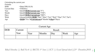 BEST FOR You
O R G A N I C S C O M P A N Y
11
Current Age
DOB Current
Year
Result
Year Months Day Week Age
Calculating the current year
Formula:
DOB =Date(1990,10,10)
Current Date =TODAY()
Year =datedif(DOB,Current year,"Y")
Month =datedif(DOB,Current year,"YM")
Days =datedif(DOB, Currentyear,"MD")
Week =choose(weekday(DOB),"Sun","Mon","Tue","Wed","Thur","Fri","Sat")
Age =DOB&"Yrs."&Currentyear&"Months"&Day&"Days)
Bikal Shrestha || Roll No-4 || BICTE 1st Sem || ICT || Excel Spread sheet||21st December,2018
 