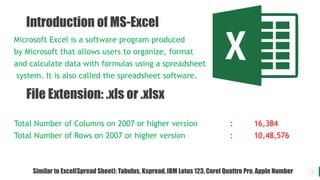 BEST FOR You
O R G A N I C S C O M P A N Y
3
Introduction of MS-Excel
Microsoft Excel is a software program produced
by Microsoft that allows users to organize, format
and calculate data with formulas using a spreadsheet
system. It is also called the spreadsheet software.
Total Number of Columns on 2007 or higher version : 16,384
Total Number of Rows on 2007 or higher version : 10,48,576
Similar to Excel(Spread Sheet): Tabulus, Kspread, IBM Lotus 123, Corel Quattro Pro, Apple Number
File Extension: .xls or .xlsx
 
