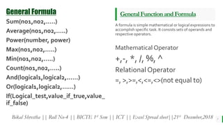 BEST FOR You
O R G A N I C S C O M P A N Y
GeneralFunctionandFormula
A formula is simple mathematical or logical expressions to
accomplish specific task. It consists sets of operands and
respective operators.
Mathematical Operator
+,-, *, /, %, ^
RelationalOperator
=, >,>=,<,<=,<>(not equal to)
7
General Formula
Sum(no1,no2,…..)
Average(no1,no2,…..)
Power(number, power)
Max(no1,no2,…..)
Min(no1,no2,…..)
Count(no1,no2,…..)
And(logical1,logical2,……)
Or(logical1,logical2,……)
If(Logical_test,value_if_true,value_
if_false)
Bikal Shrestha || Roll No-4 || BICTE 1st Sem || ICT || Excel Spread sheet||21st December,2018
 
