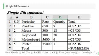 BEST FOR You
O R G A N I C S C O M P A N Y
SimpleBillStatement
8
Simple Bill statement
Note: Press Ctrl + ` to display the formula.
Bikal Shrestha || Roll No-4 || BICTE 1st Sem || ICT || Excel Spread sheet||21st December,2018
 