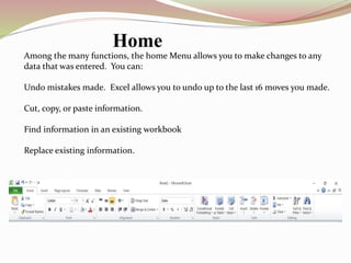 Among the many functions, the home Menu allows you to make changes to any
data that was entered. You can:
Undo mistakes made. Excel allows you to undo up to the last 16 moves you made.
Cut, copy, or paste information.
Find information in an existing workbook
Replace existing information.
Home
 