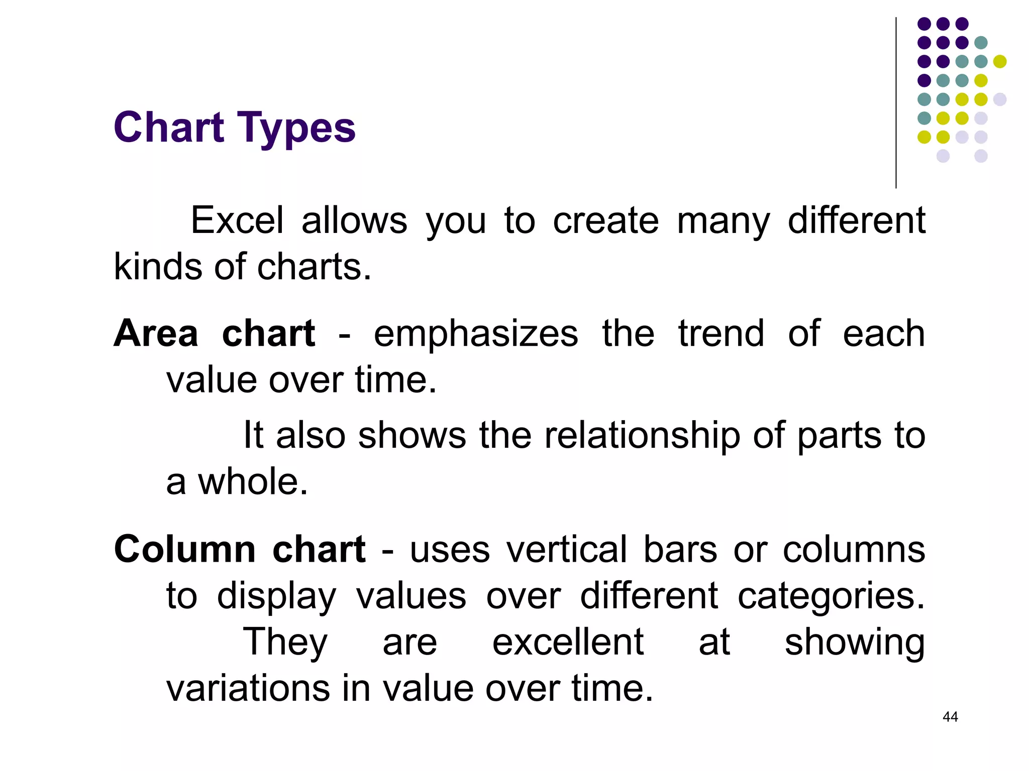 44
Chart Types
Excel allows you to create many different
kinds of charts.
Area chart - emphasizes the trend of each
value over time.
It also shows the relationship of parts to
a whole.
Column chart - uses vertical bars or columns
to display values over different categories.
They are excellent at showing
variations in value over time.
 