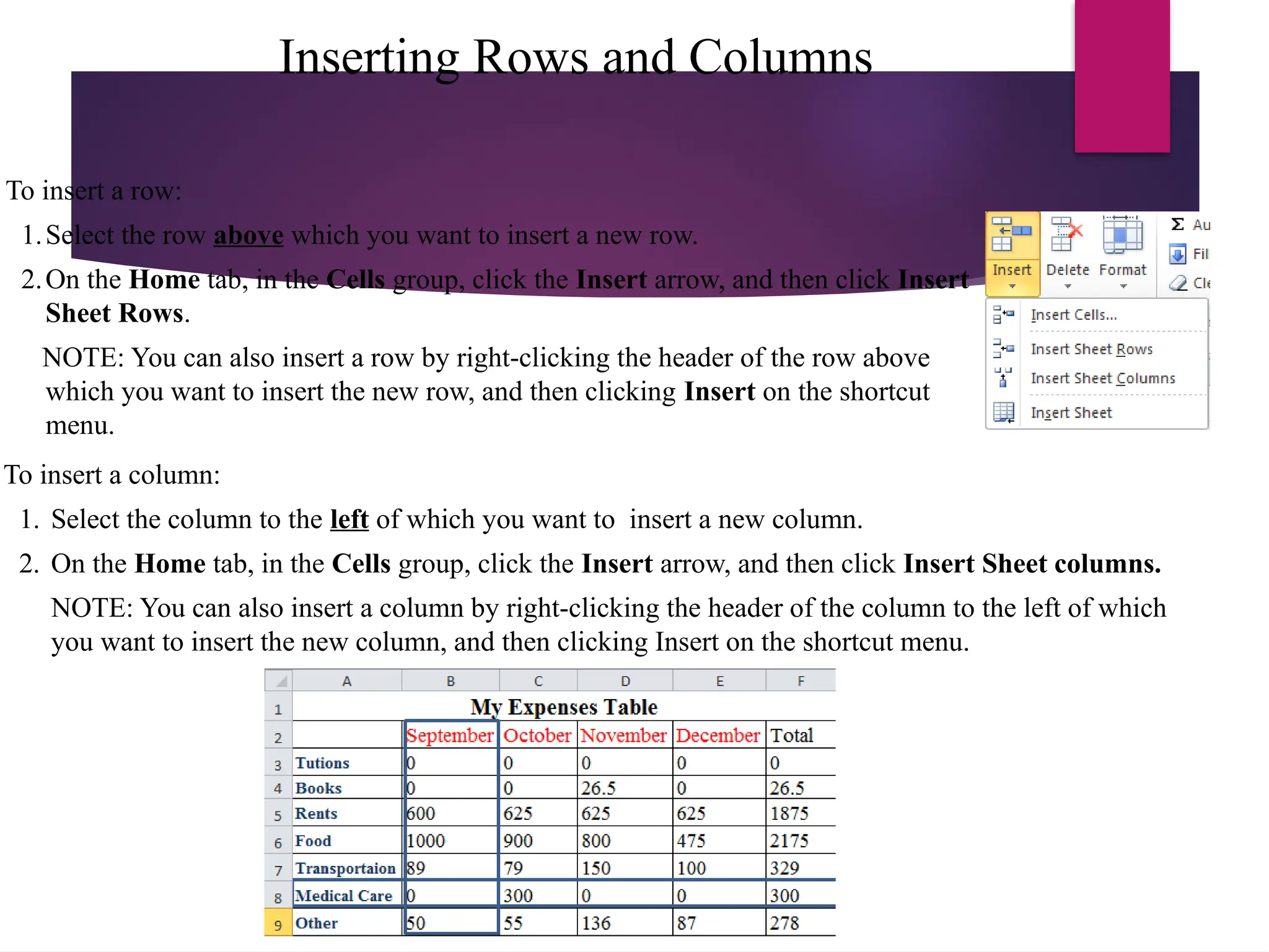 Inserting Rows and Columns
To insert a column:
1. Select the column to the left of which you want to insert a new column.
2. On the Home tab, in the Cells group, click the Insert arrow, and then click Insert Sheet columns.
NOTE: You can also insert a column by right-clicking the header of the column to the left of which
you want to insert the new column, and then clicking Insert on the shortcut menu.
To insert a row:
1.Select the row above which you want to insert a new row.
2.On the Home tab, in the Cells group, click the Insert arrow, and then click Insert
Sheet Rows.
NOTE: You can also insert a row by right-clicking the header of the row above
which you want to insert the new row, and then clicking Insert on the shortcut
menu.
 