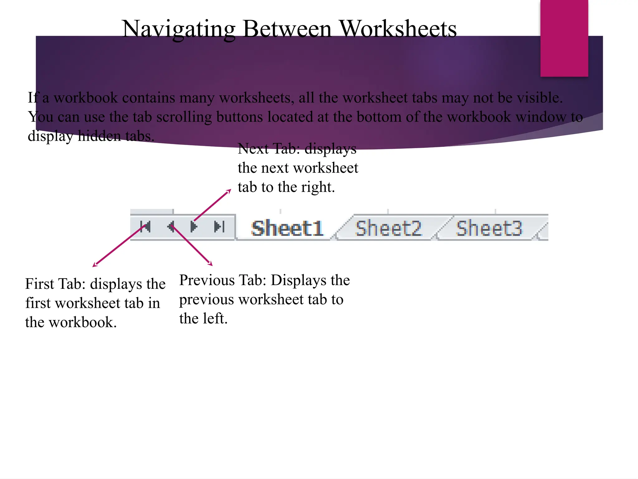 Navigating Between Worksheets
First Tab: displays the
first worksheet tab in
the workbook.
Previous Tab: Displays the
previous worksheet tab to
the left.
Next Tab: displays
the next worksheet
tab to the right.
If a workbook contains many worksheets, all the worksheet tabs may not be visible.
You can use the tab scrolling buttons located at the bottom of the workbook window to
display hidden tabs.
 