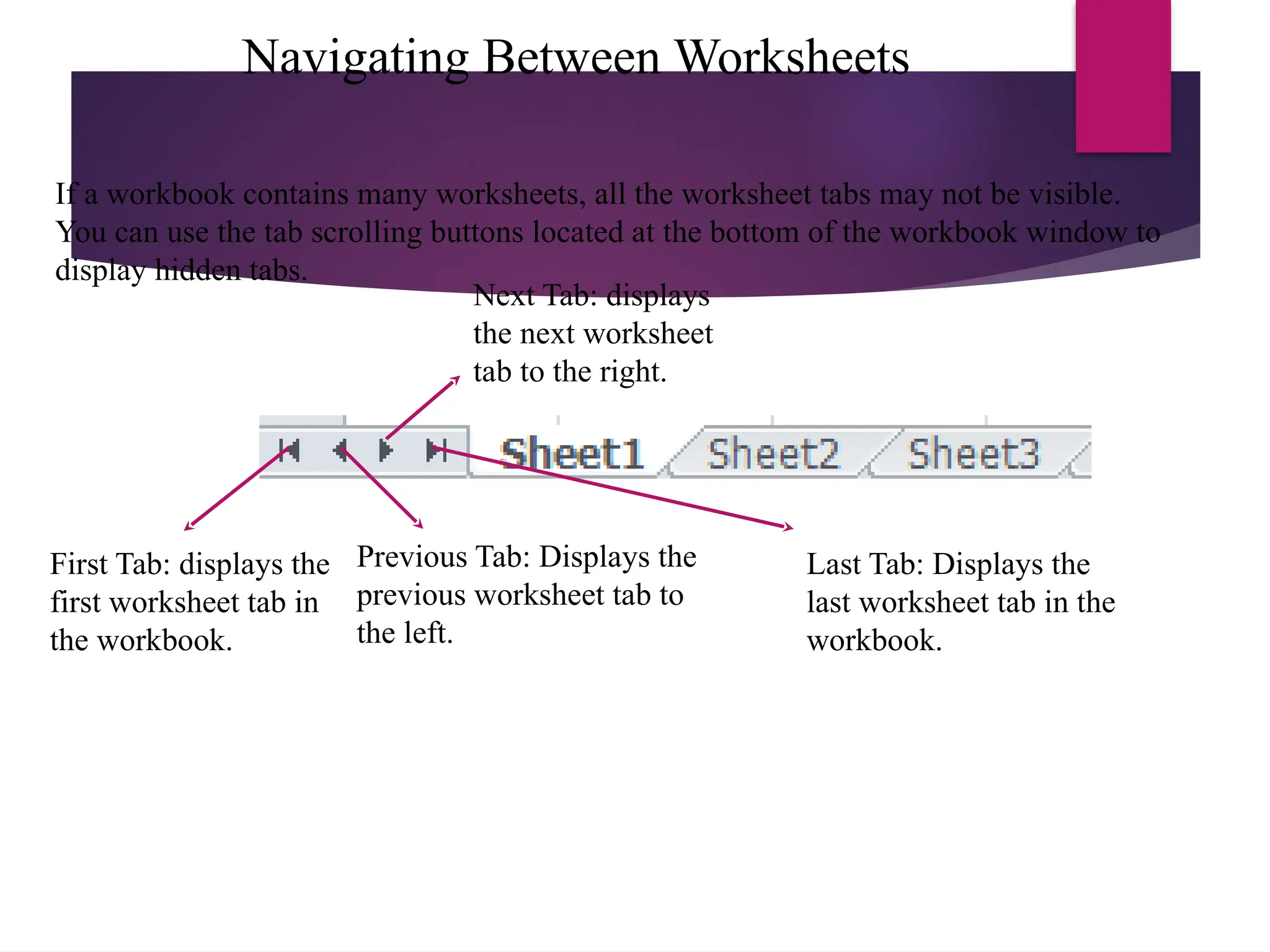 Navigating Between Worksheets
First Tab: displays the
first worksheet tab in
the workbook.
Previous Tab: Displays the
previous worksheet tab to
the left.
Next Tab: displays
the next worksheet
tab to the right.
Last Tab: Displays the
last worksheet tab in the
workbook.
If a workbook contains many worksheets, all the worksheet tabs may not be visible.
You can use the tab scrolling buttons located at the bottom of the workbook window to
display hidden tabs.
 