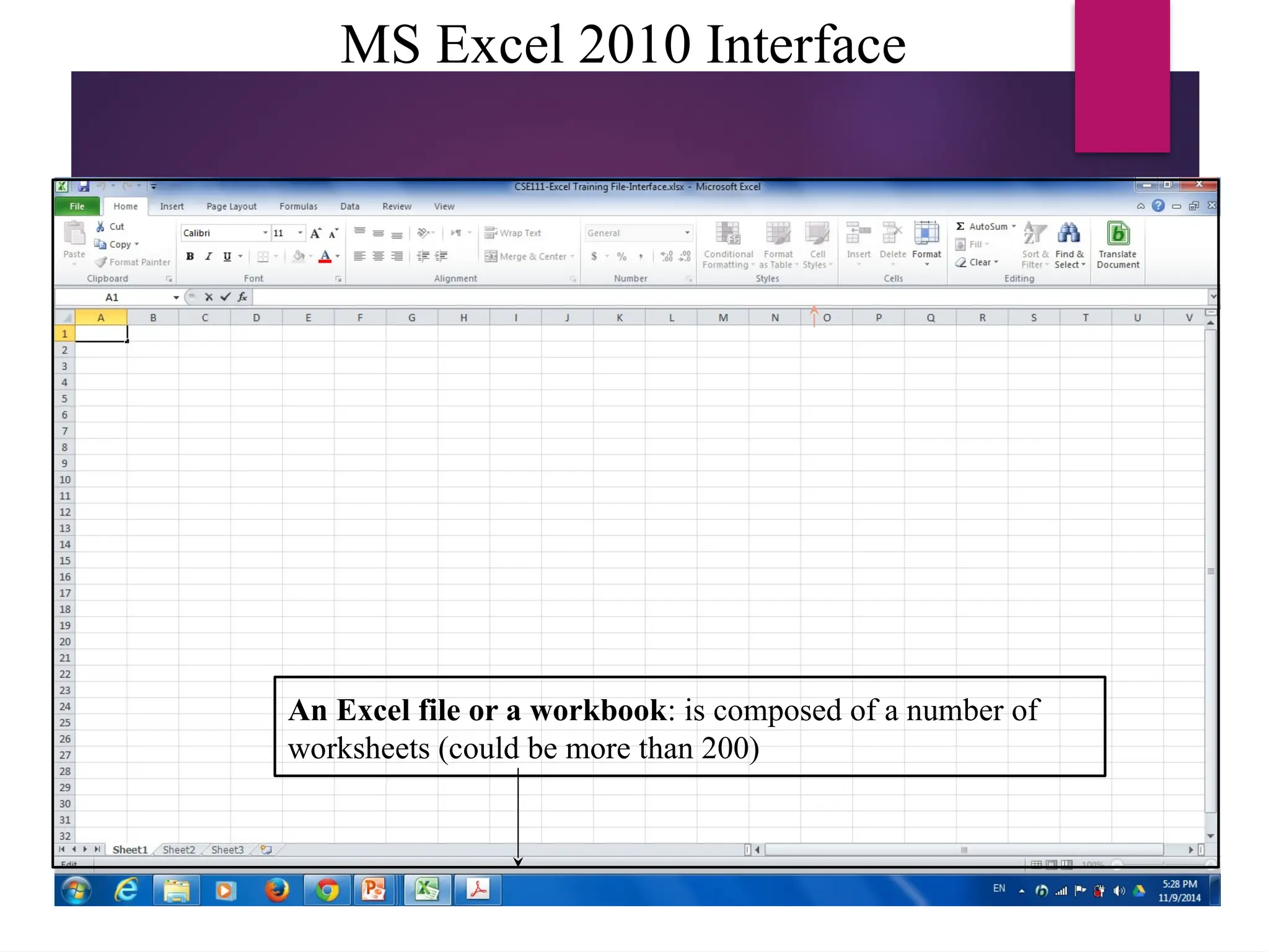 MS Excel 2010 Interface
An Excel file or a workbook: is composed of a number of
worksheets (could be more than 200)
 