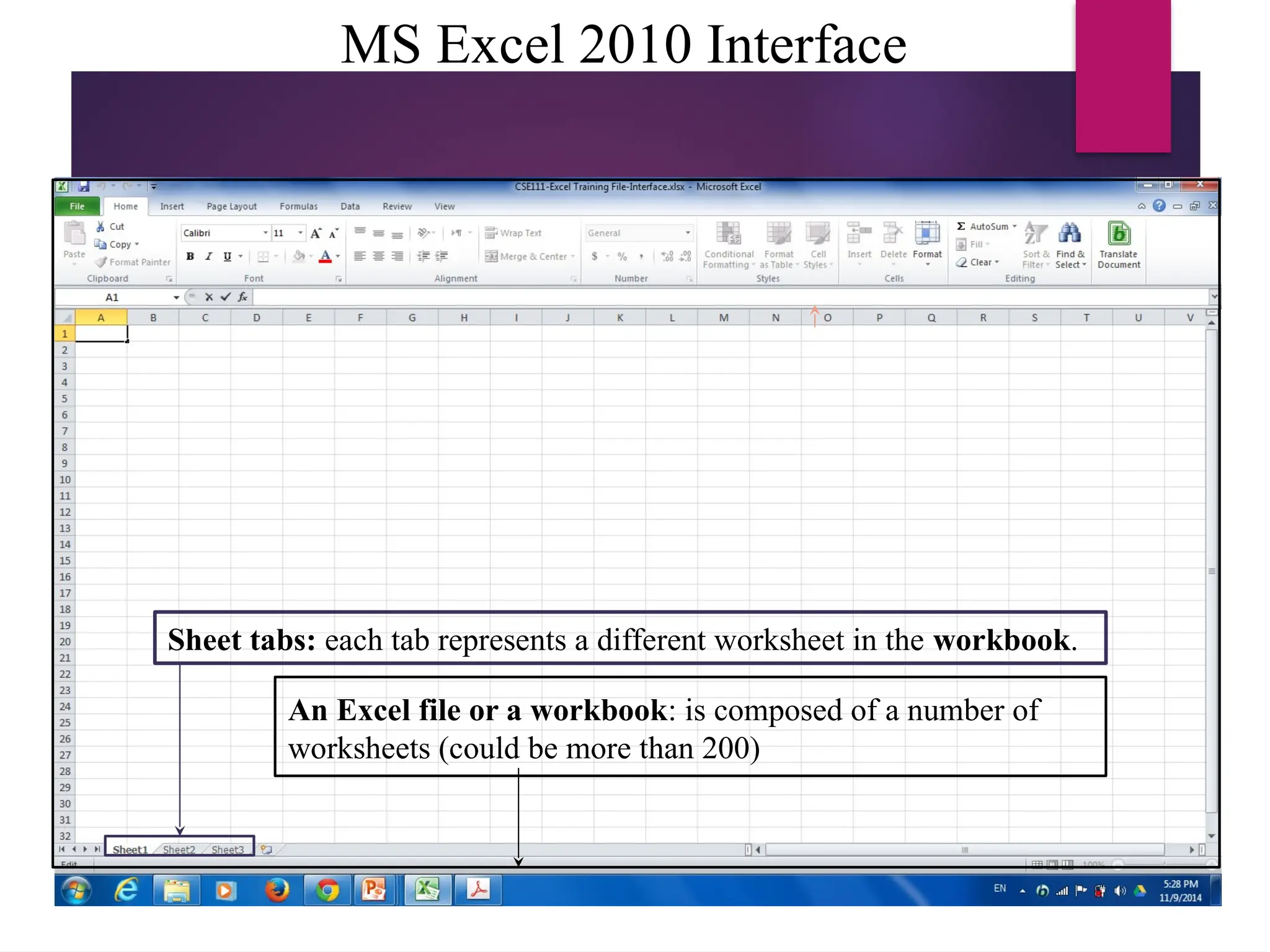MS Excel 2010 Interface
An Excel file or a workbook: is composed of a number of
worksheets (could be more than 200)
Sheet tabs: each tab represents a different worksheet in the workbook.
 