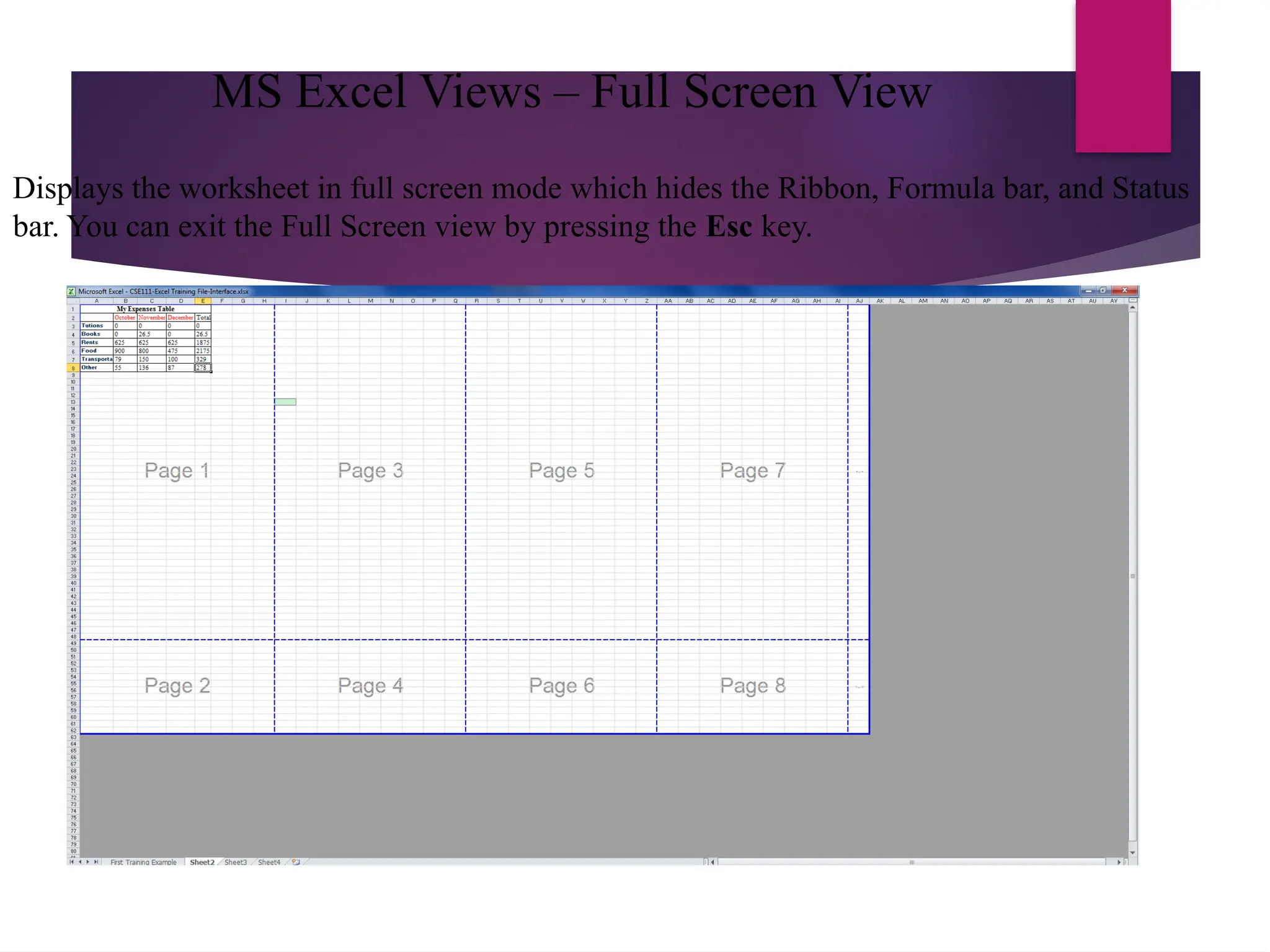Displays the worksheet in full screen mode which hides the Ribbon, Formula bar, and Status
bar. You can exit the Full Screen view by pressing the Esc key.
MS Excel Views – Full Screen View
 