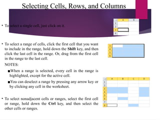 Selecting Cells, Rows, and Columns
• To select a single cell, just click on it.
• To select a range of cells, click the first cell that you want
to include in the range, hold down the Shift key, and then
click the last cell in the range. Or, drag from the first cell
in the range to the last cell.
NOTES:
▪When a range is selected, every cell in the range is
highlighted, except for the active cell.
▪You can deselect a range by pressing any arrow key or
by clicking any cell in the worksheet.
• To select nonadjacent cells or ranges, select the first cell
or range, hold down the Ctrl key, and then select the
other cells or ranges.
 
