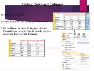 Hiding Rows and Columns
To hide a row or column:
1. Select the row or column that you want to hide.
2. On the Home tab, in the Cells group, click the
Format button, point to Hide & Unhide, and then
click Hide Rows or Hide Columns.
 