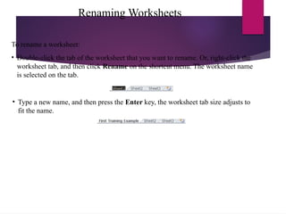 Renaming Worksheets
• Type a new name, and then press the Enter key, the worksheet tab size adjusts to
fit the name.
To rename a worksheet:
• Double-click the tab of the worksheet that you want to rename. Or, right-click the
worksheet tab, and then click Rename on the shortcut menu. The worksheet name
is selected on the tab.
 