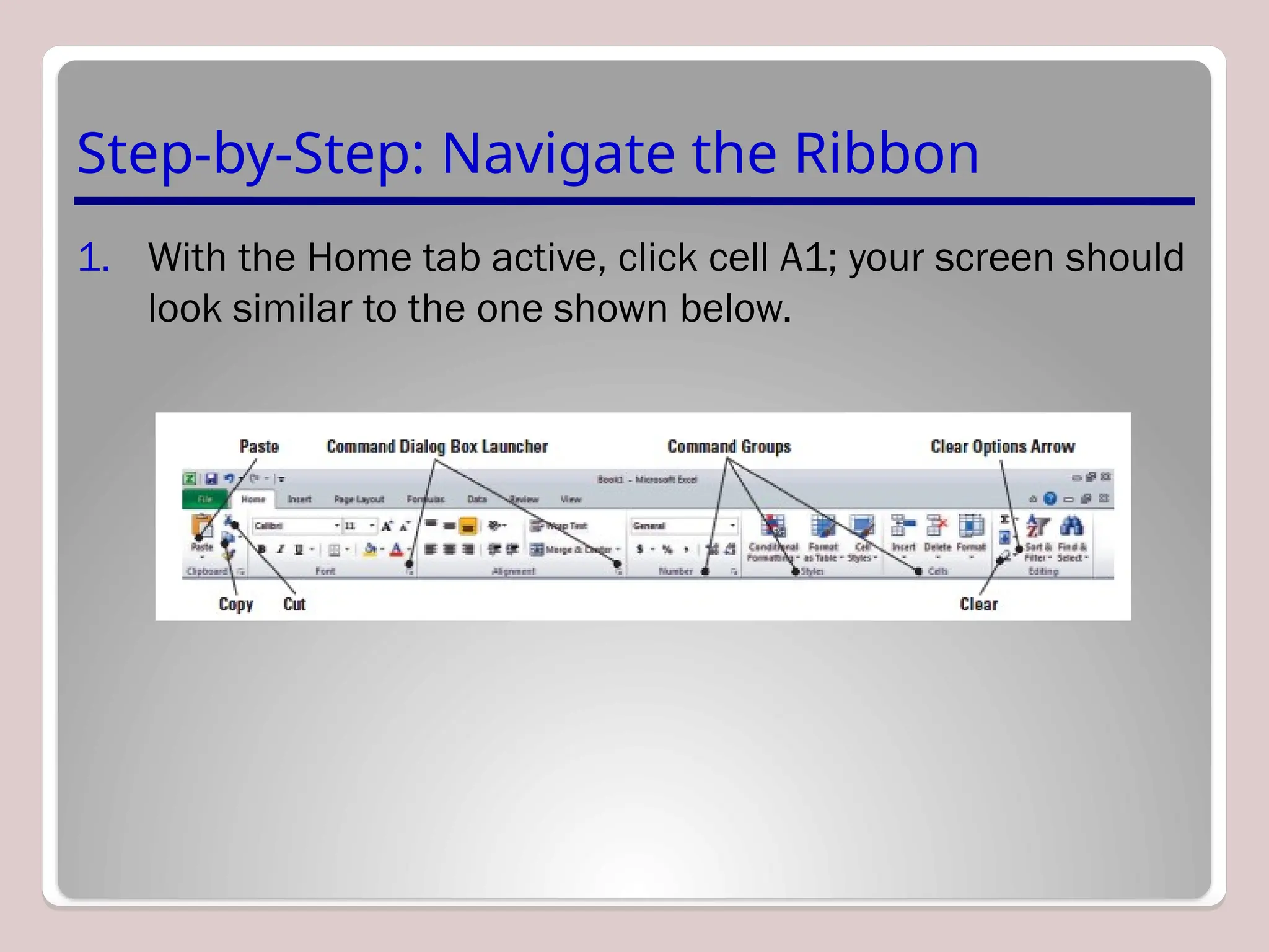 Step-by-Step: Navigate the Ribbon
1. With the Home tab active, click cell A1; your screen should
look similar to the one shown below.
 