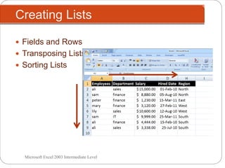 Creating Lists
Microsoft Excel 2003 Intermediate Level
 Fields and Rows
 Transposing Lists
 Sorting Lists
 