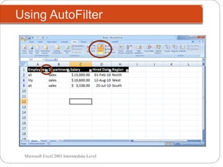 Using AutoFilter
Microsoft Excel 2003 Intermediate Level
 