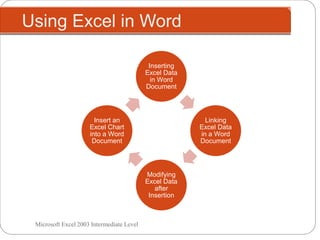 Using Excel in Word
Microsoft Excel 2003 Intermediate Level
Inserting
Excel Data
in Word
Document
Linking
Excel Data
in a Word
Document
Modifying
Excel Data
after
Insertion
Insert an
Excel Chart
into a Word
Document
 