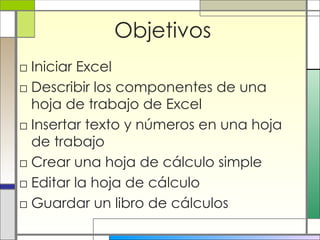 Objetivos Iniciar Excel Describir los componentes de una hoja de trabajo de Excel Insertar texto y números en una hoja de trabajo Crear una hoja de cálculo simple Editar la hoja de cálculo Guardar un libro de cálculos 