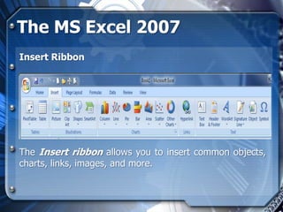 The MS Excel 2007
Insert Ribbon




The Insert ribbon allows you to insert common objects,
charts, links, images, and more.
 