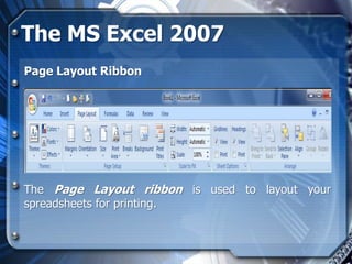 The MS Excel 2007
Page Layout Ribbon




The Page Layout ribbon is used to layout your
spreadsheets for printing.
 